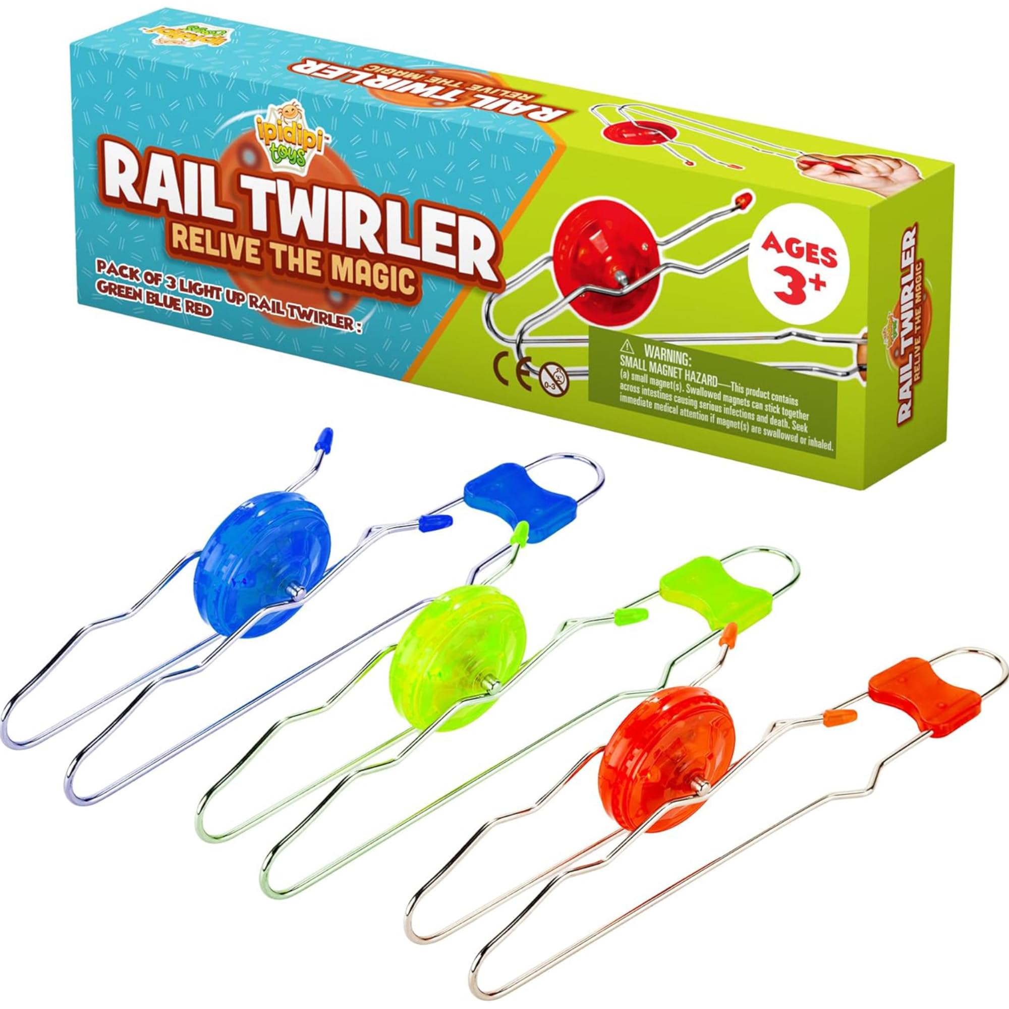IPIDIPI TOYS Retro Magic Rail Twirler – 3 Pack Light Up Magnetic Gyro Wheel Toy – Classic Vintage Toy Rail Twister Sensory Fidget Toys, Nostalgia Toys - Party Favors, Birthday Gifts for Boy and Girls