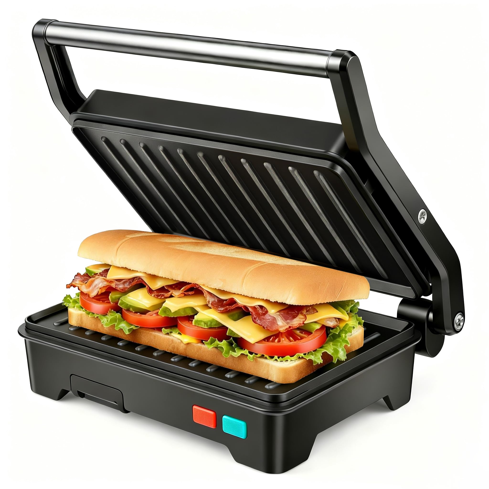 Panini Press Grill, 2 Slices Sandwich Maker with Non-Stick Coated Plates & Removable Drip Tray, 3-in-1 Sandwich Press Electric Grill, Opens 180 Degrees to Fit Any Type or Size of Food, 1000W, Black