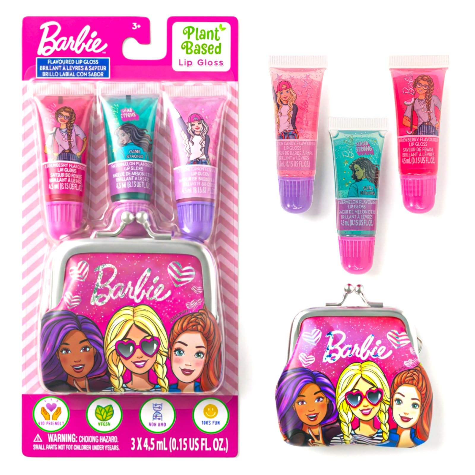 Barbie 3 Pack Moisturizing Lip Gloss with Purse, Makeup Set for Girls, Perfect for Parties, Sleepovers, and Birthday Gifts, Kids Ages 3+, by Townley Girl