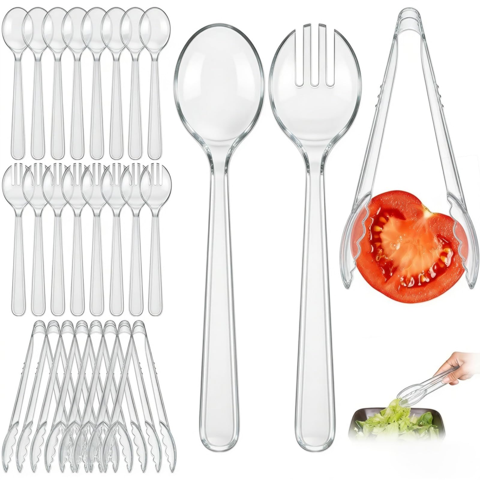 24 Pcs Transparent Plastic Serving Utensils Set - Heavy Duty Disposable Serving Spoons, Forks & Tongs (8 of Each) - BPA-Free Catering Supplies for Buffets, Parties, Weddings & Events (9 Inch)