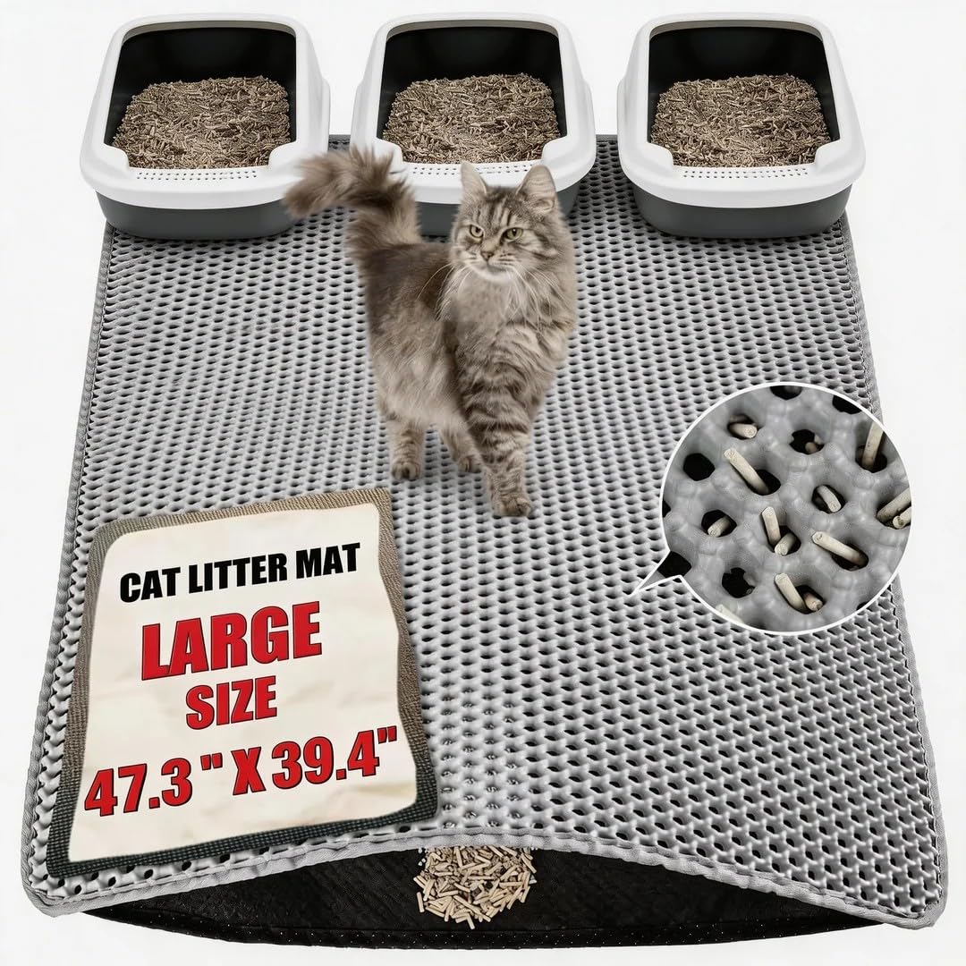Cat Litter Mat XXL(47.3" x 39.4") - Large, Double-Layer, Non-Toxic, Easy Clean, Durable, Gray