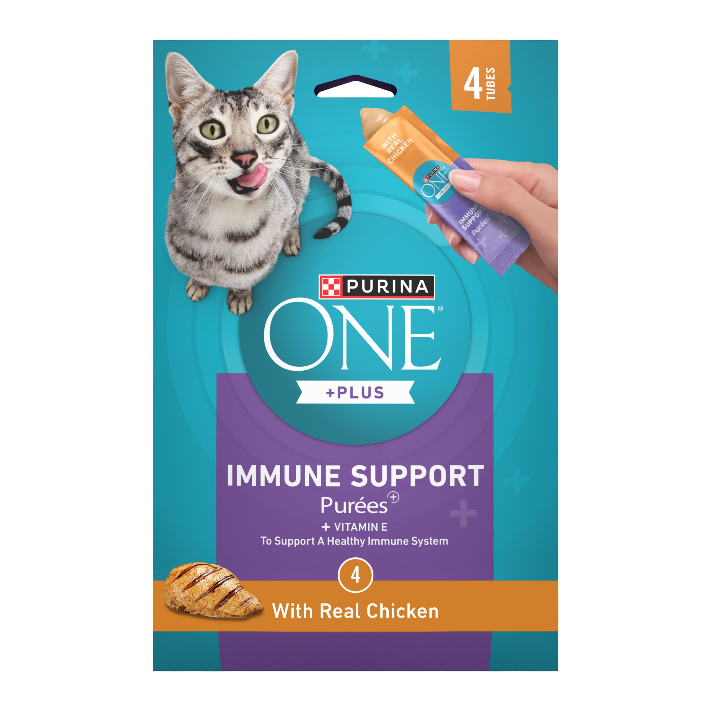 Purina ONE Plus Immune Support Purees with Real Chicken Lickable Cat Treats - 1.4 oz (Pack of 4)