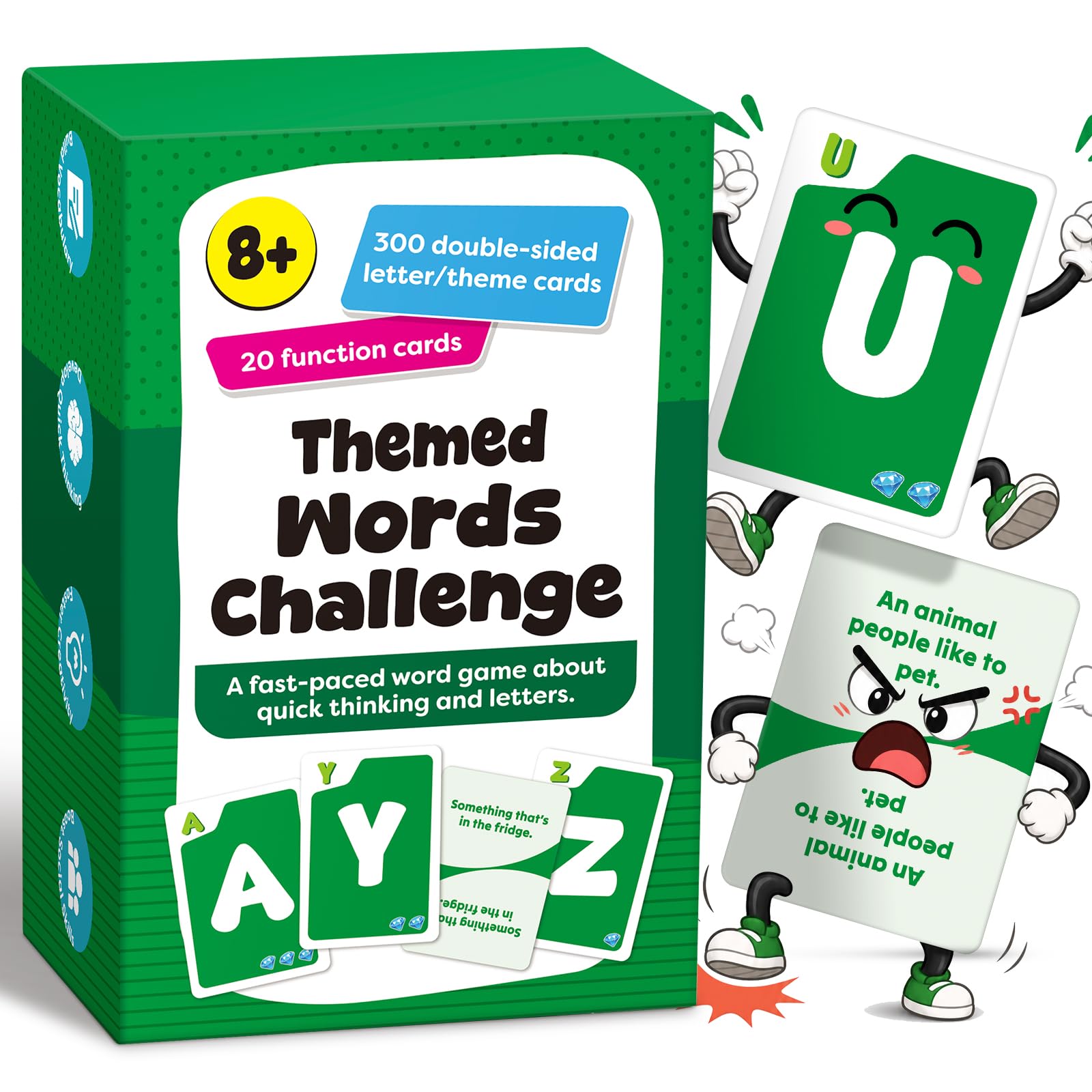 Fast-Themed Words Challenge Word Card Game for Kids & Adults, Family, Party, Outdoor, Classroom & Travel Edition, Ages 8+, 2-6 Players, 300 Double-Sided Theme & Letter Cards with 20 Action Cards