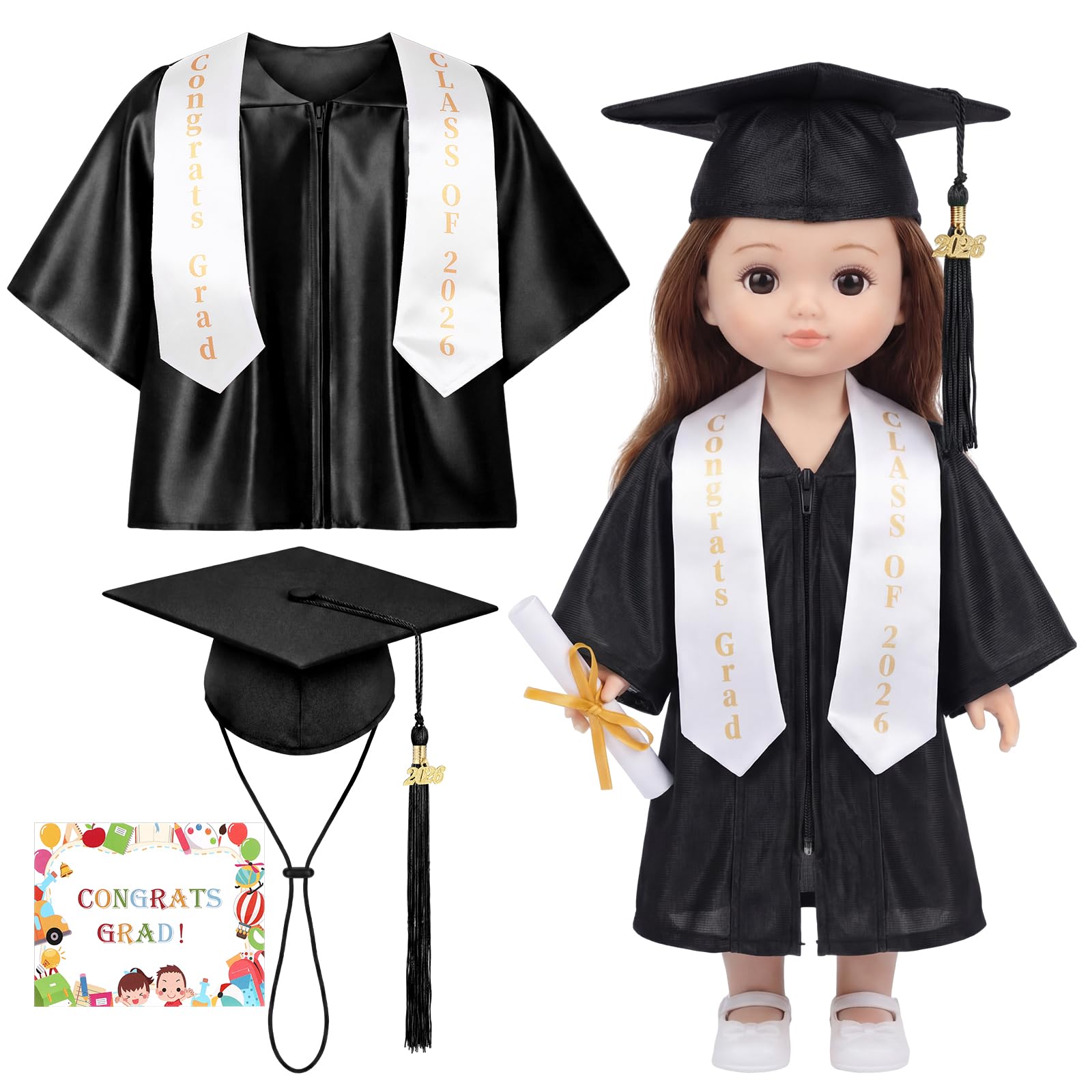 13.4" x 14.2" Graduation Dolls Clothings Gown and Cap with 2026 Tassel Set Outfit Washable Dolls Graduation Robe Costume Dress up Gifts(Black)