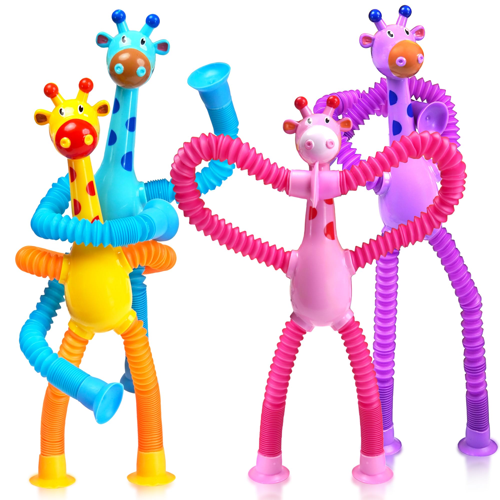Giraffe Sensory Travel Toys 4Pcs for Roadtrip Car Ride Airplane Toddler Girl Year Old Ages 2 3 4 5 6 7 8, Suction Autism Pop Tube Fidget Toy Autistic Valentines Day Stocking Easter Basket Stuffer Gift