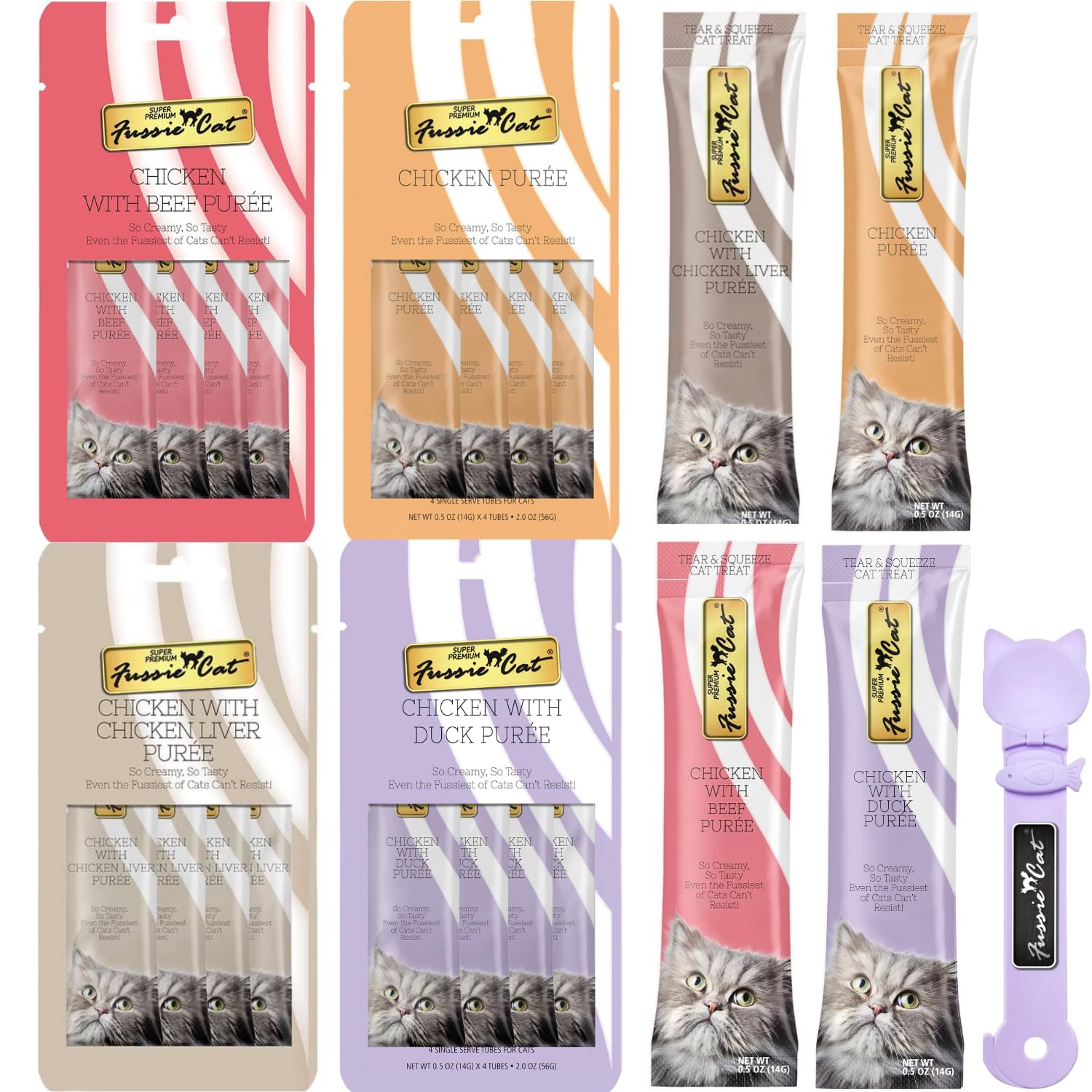 Fussie Cat Premium Puree Lickable Cat Treats in Chicken Puree, 4 Flavors, 4 Packs of 4-0.5oz Tubes (16 Total Tubes) +Spoon