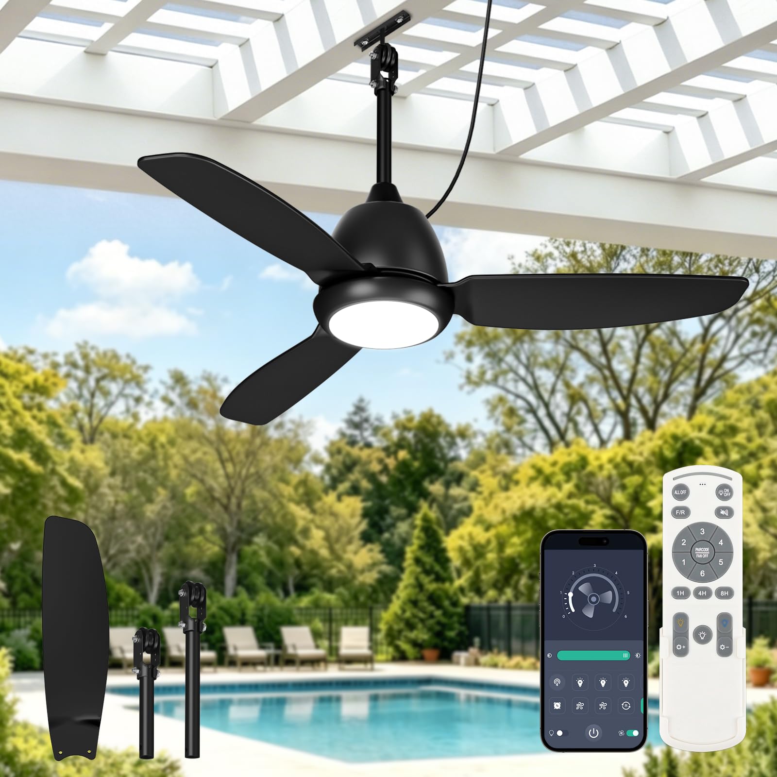 VOLISUN Outdoor Ceiling Fans with Light for Patios, 42in Weatherproof Plug in Ceiling Fan, 3CCT Dimmable Gazebo Ceiling Fan Remote&APP Control, Black Caged Ceiling Fan for Porch, Pergola,Canopy