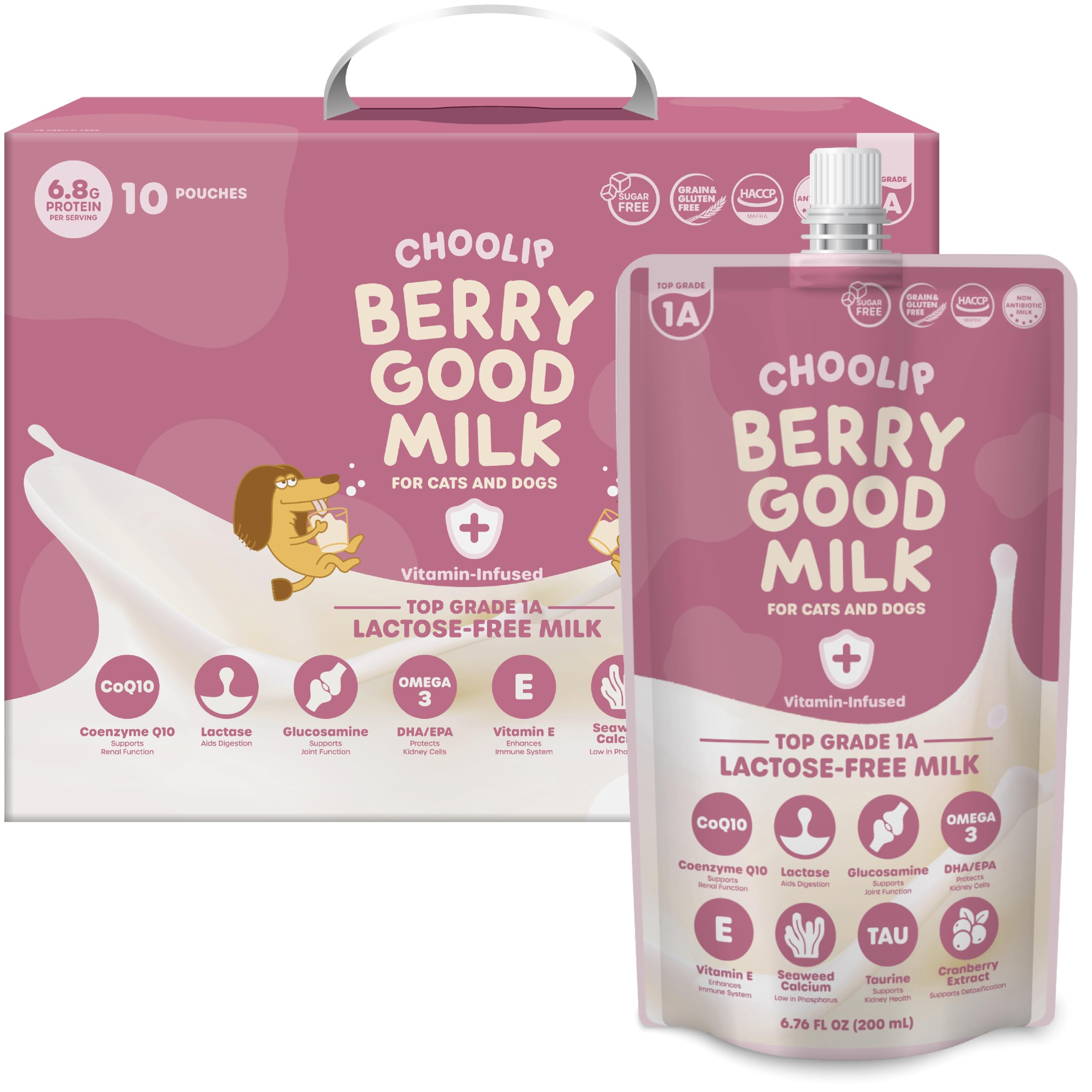 Choolip Berry Good Milk for Cats & Dogs – Lactose-Free Pet Milk Pouches – Vet-Formulated Hydrating Drink with Cranberry, CoQ10, Glucosamine & Omega-3 (200mL x 10 Pouches)
