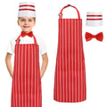 1950s Waiter Costume Kit, Soda Jerk Costume Kit, Red and White Striped Apron with 2 Pockets, Chef Hat Red Bow Ties Adjustable for Kid Costume Cosplay Party (45x65cm)