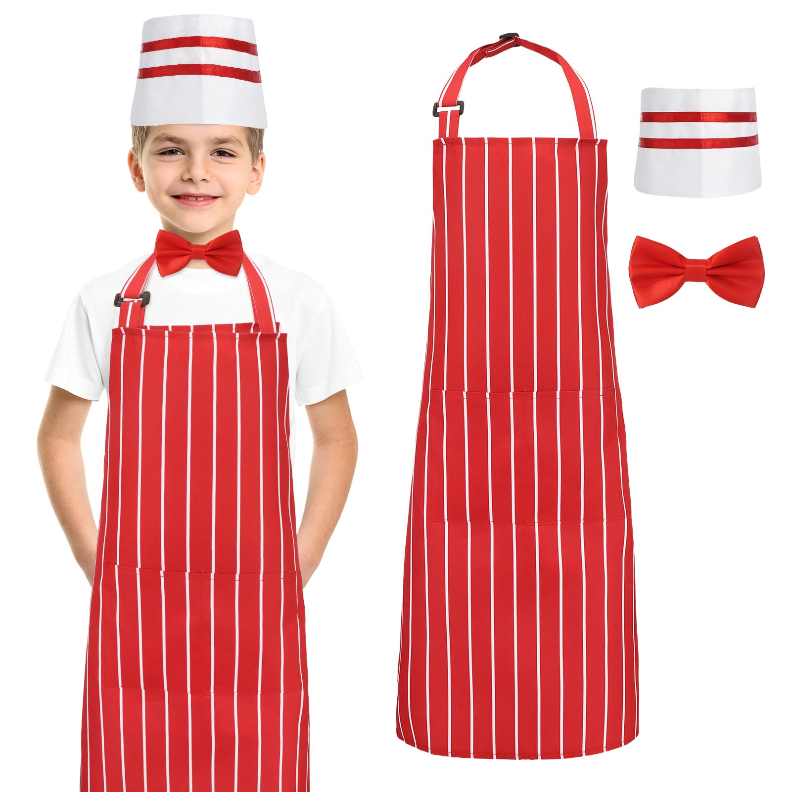 1950s Waiter Costume Kit, Soda Jerk Costume Kit, Red and White Striped Apron with 2 Pockets, Chef Hat Red Bow Ties Adjustable for Kid Costume Cosplay Party (45x65cm)