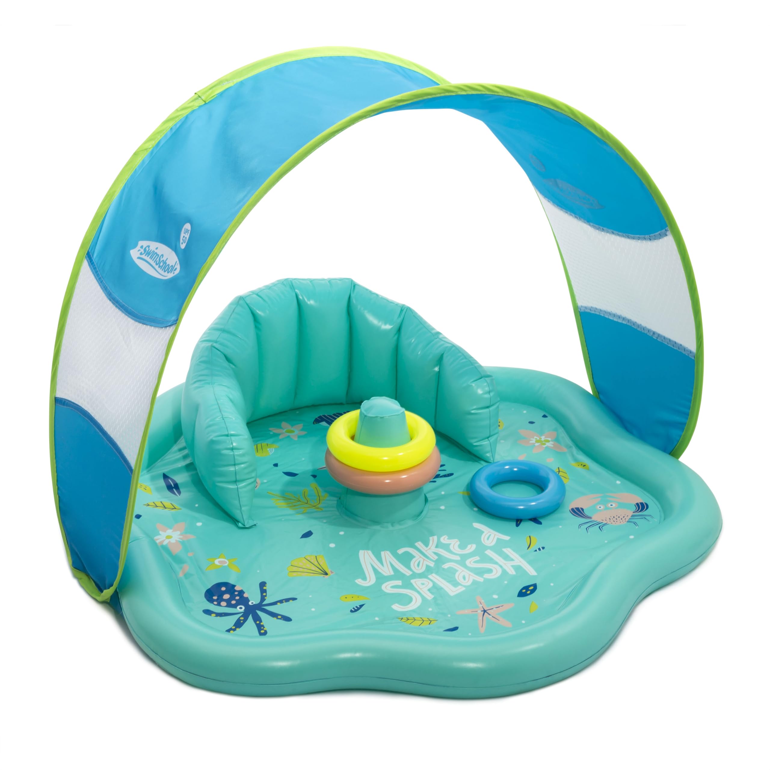 SwimSchool Infant Baby Pool Floats, Free Swimming, Super Buoyant – Ages 6-24 Months – Multiple Colors/Styles – Adjustable Canopies and Seats, Splash & Play Baby Floaties