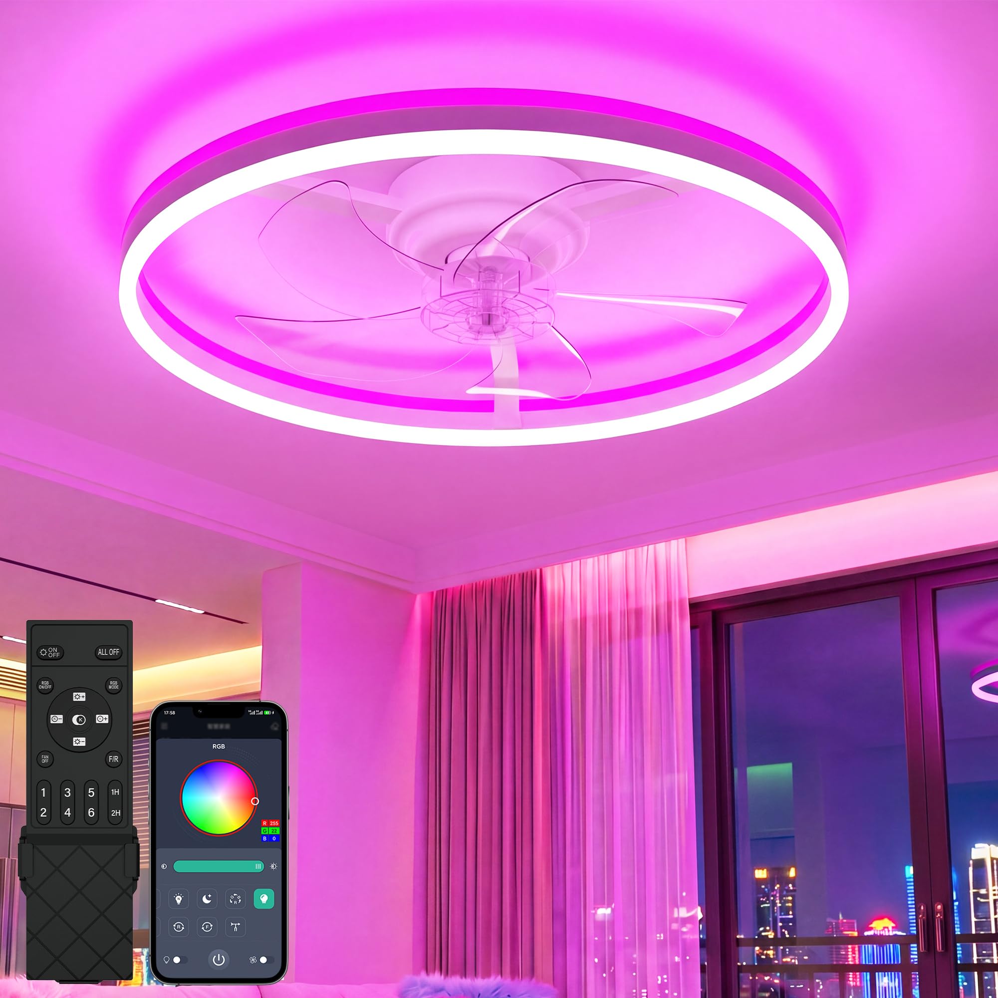 NIORSUN RGB Ceiling Fans with Lights and Remote, Modern Smart LED Ceiling Fans Light, 6 Speeds & 3000K-6500K Dimmable, Quiet Bladeless Fandelier Ceiling Fan with Light for Bedroom(20Inch,White)