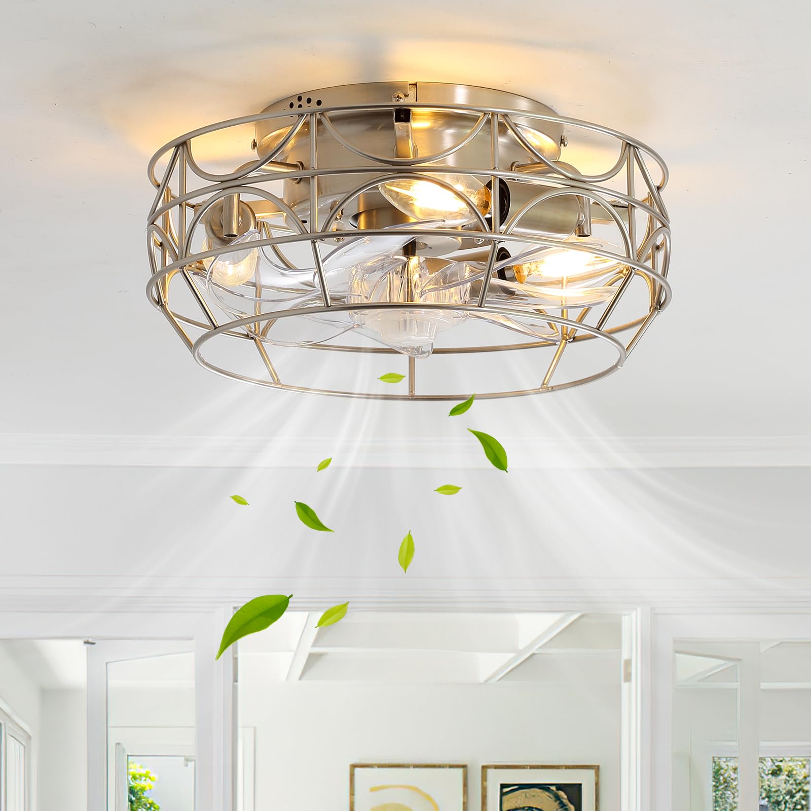 Nickel Caged Ceiling Fans with Lights and Remote,6 Speeds,12 inch Industrial Flush Mount Ceiling Fan with Light, Modern Bladeless Fan Lights Ceiling Fixtures for Kitchen, Bedroom,Indoor