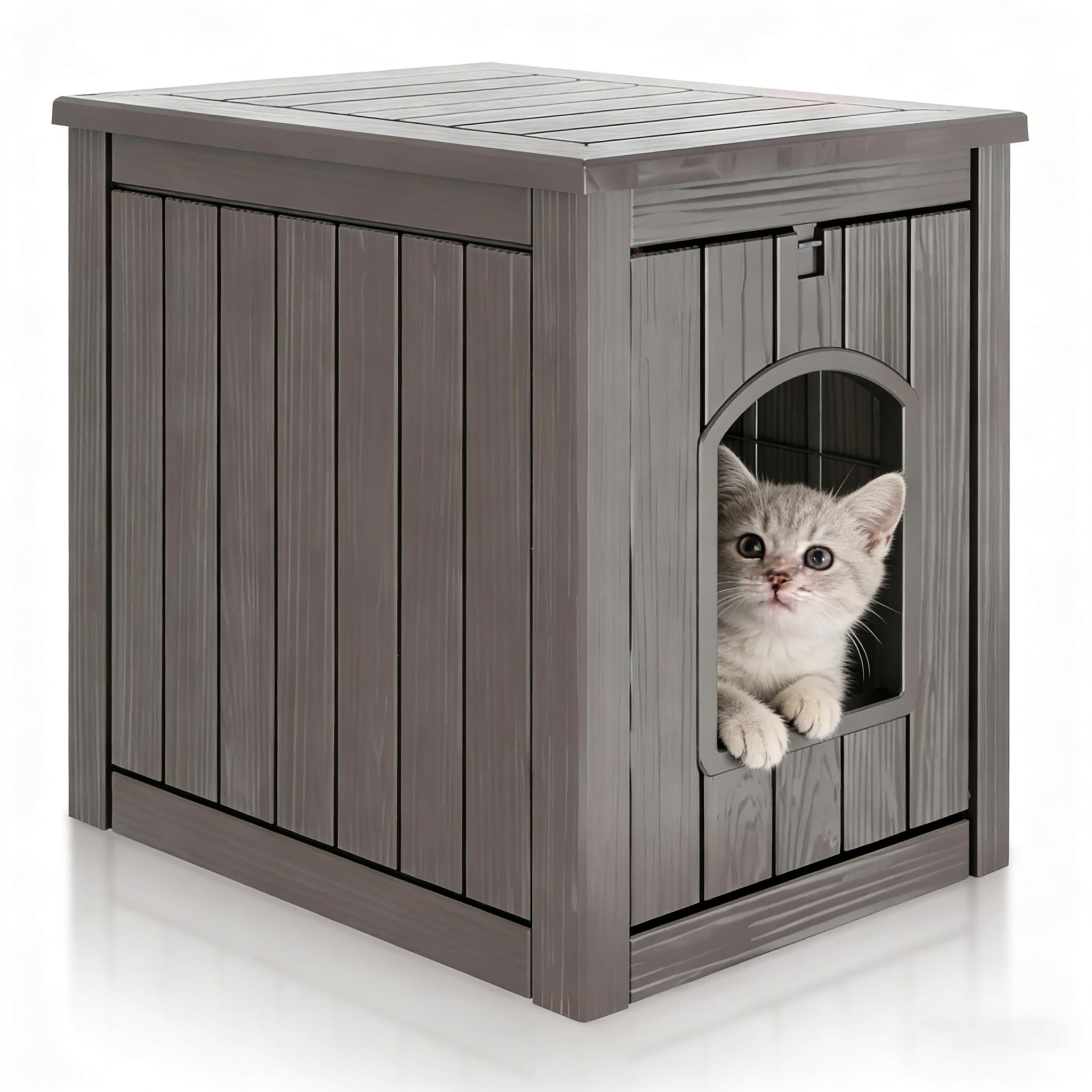 KAMABOKO Cat Litter Box Enclosure, Waterproof Plastic Hidden Litter Box Furniture with Openable Door, Multi-Functional Cat Furniture for Living Room Bedroom (Gray)