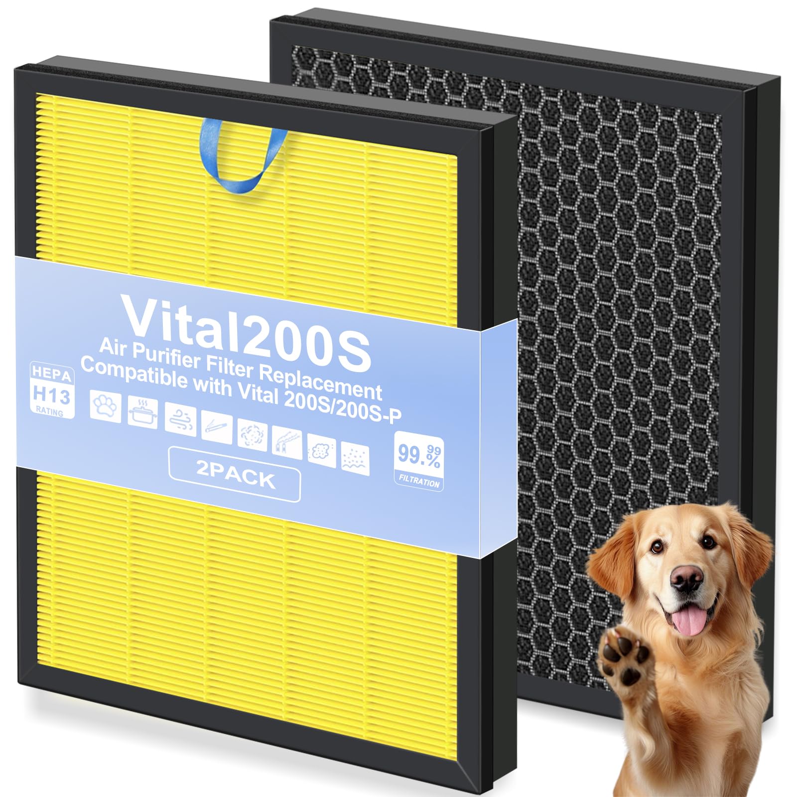 Vital 200S Replacement Filter Compatible with LEVOIT Vital 200S & 200S-P Air Purifier,2 Pack H13 True HEPA and High-Efficiency Activated Carbon,Vital 200S-RF Filter for Pet Household Smoke Odor,Yellow