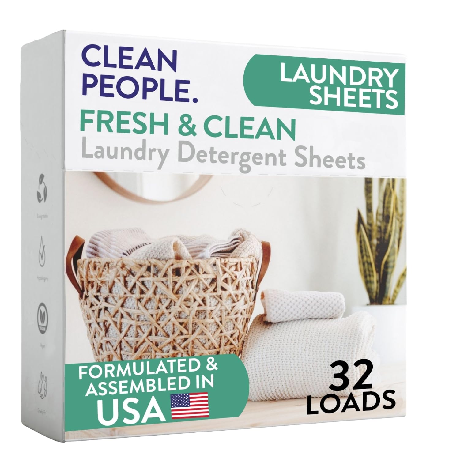 The Clean People Laundry Detergent Sheets - Laundry Soap - Ultra Concentrated, Recyclable Packaging, Stain Fighting - Fresh Scent, 32 Pack