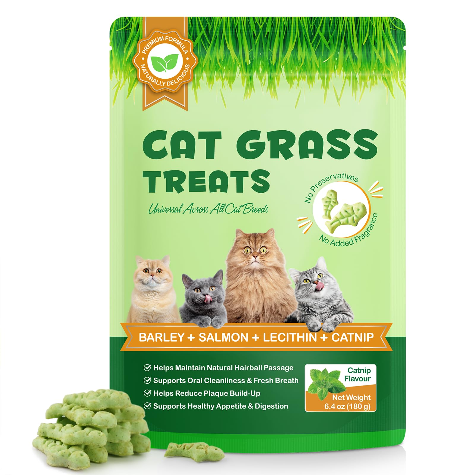Cat Grass Treats, Cat Treats for Indoor Cats, Promotes Natural Hairball Passage, Reduce Plaque Build-Up Support Fresh Breath, Cats Dental Care Bites Kitten Snacks Training Biscuits, Catnip Flavour