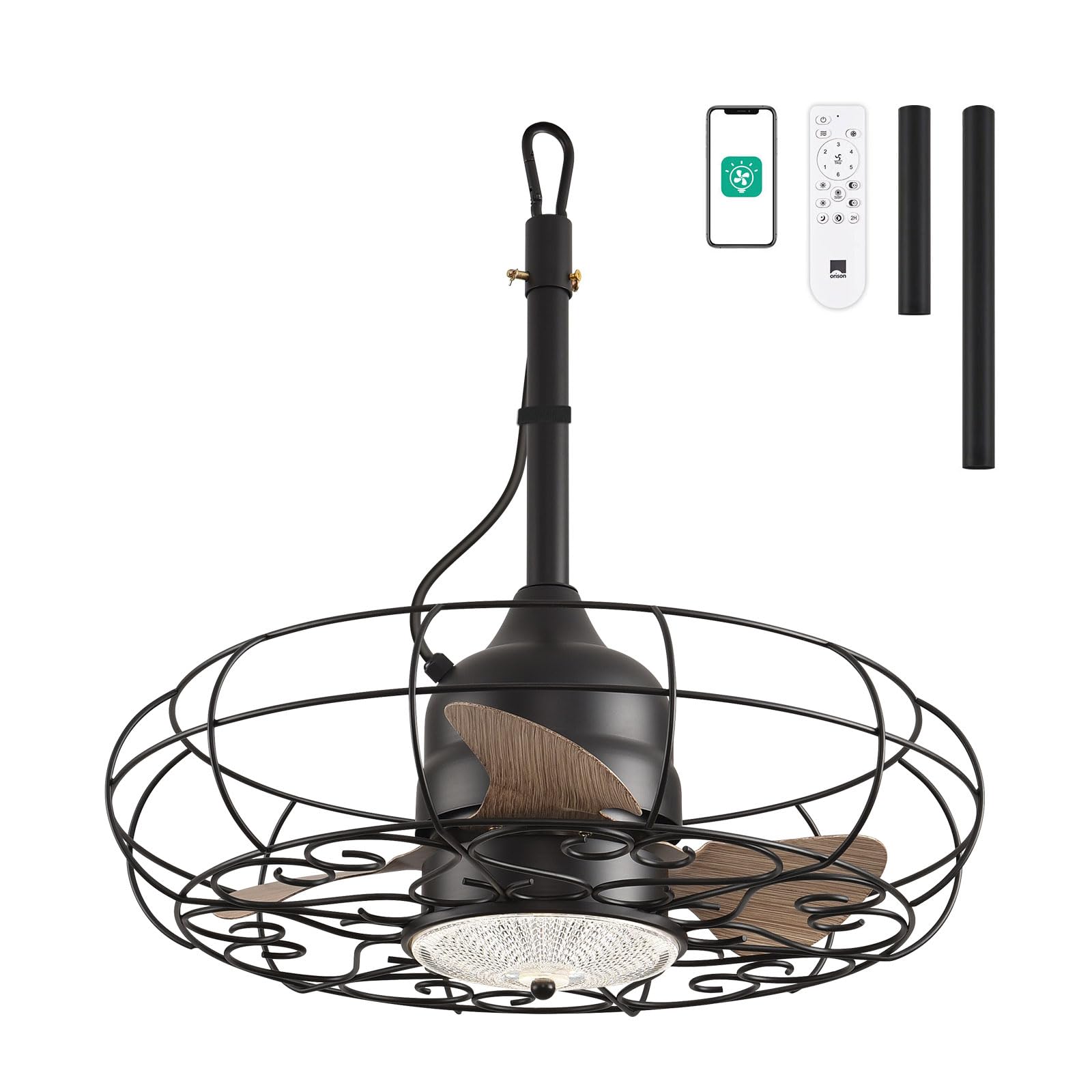 Orison Outdoor Ceiling Fans with Light, 21'' Wet Rated Outdoor Hanging Fan for Gazebo, Plug in Caged Lighting for Pergola Canopy, Hanging with Hook, 3 Color LED Light, Waterproof