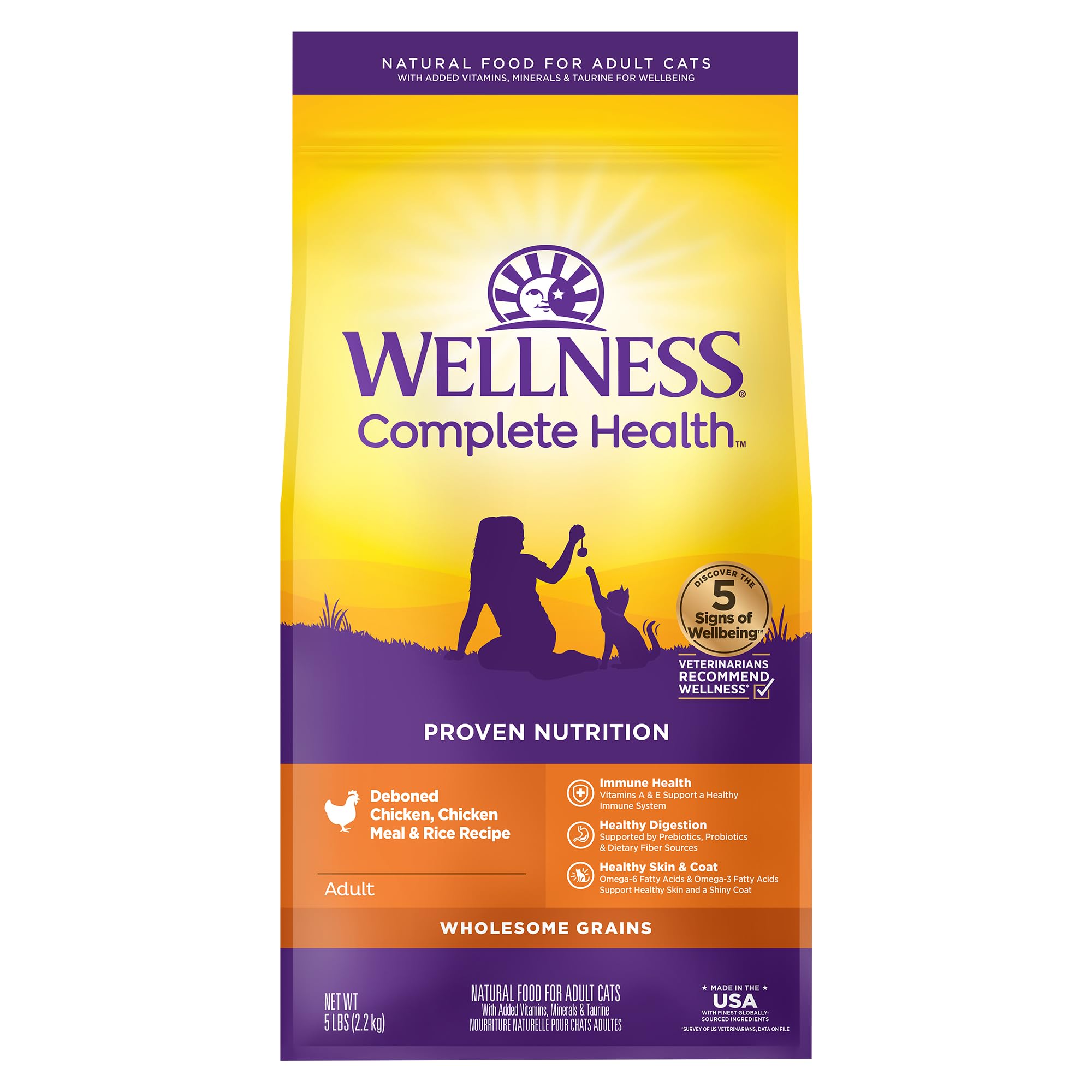 Wellness Complete Health Adult Dry Cat Food, Natural, Wholesome Grains Kibble, Chicken Recipe, 5 lb Bag