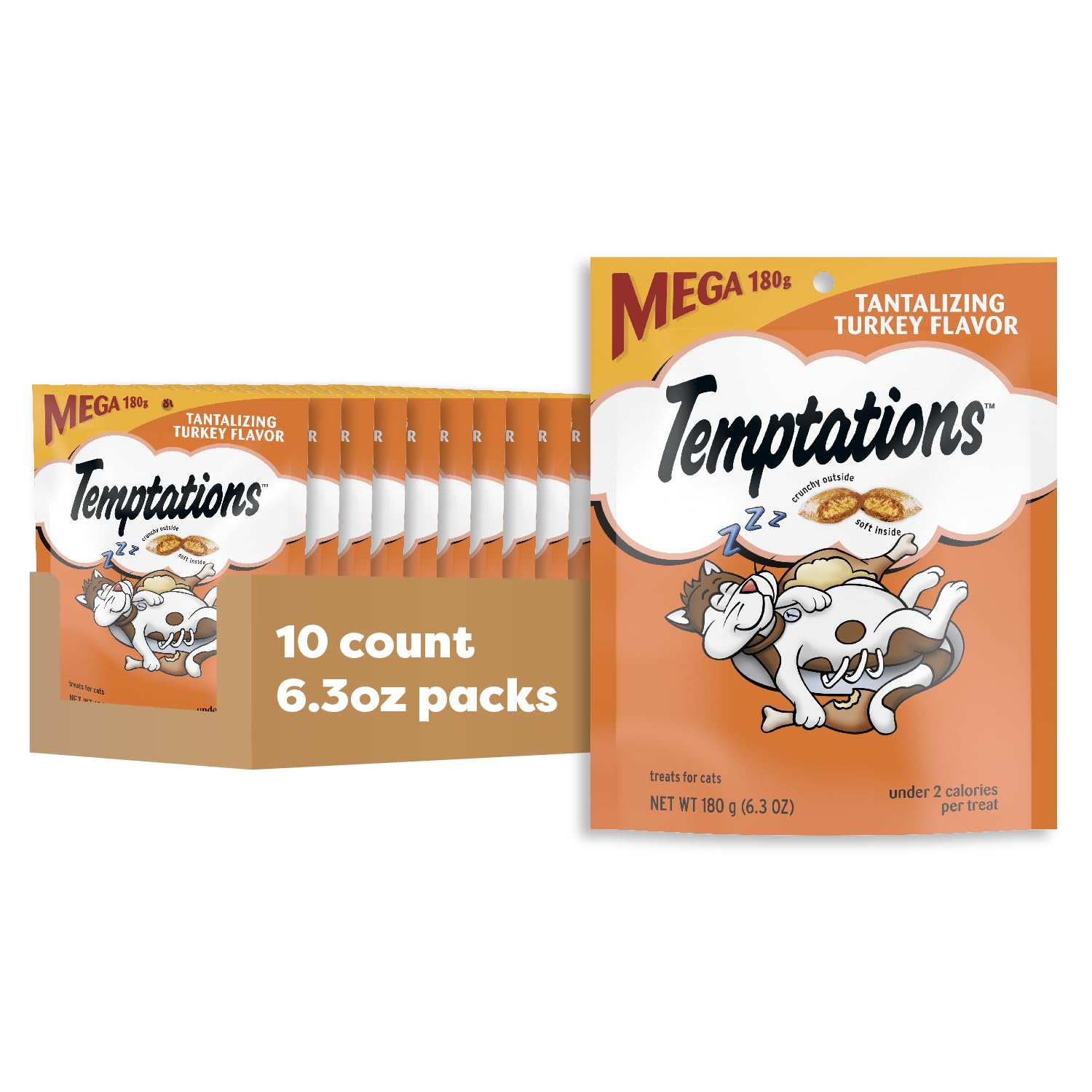 Temptations Cat Treats, Classic Crunchy and Soft Cat Treats, Tantalizing Turkey Flavor, 6.3 oz. Pouch (Pack of 10)