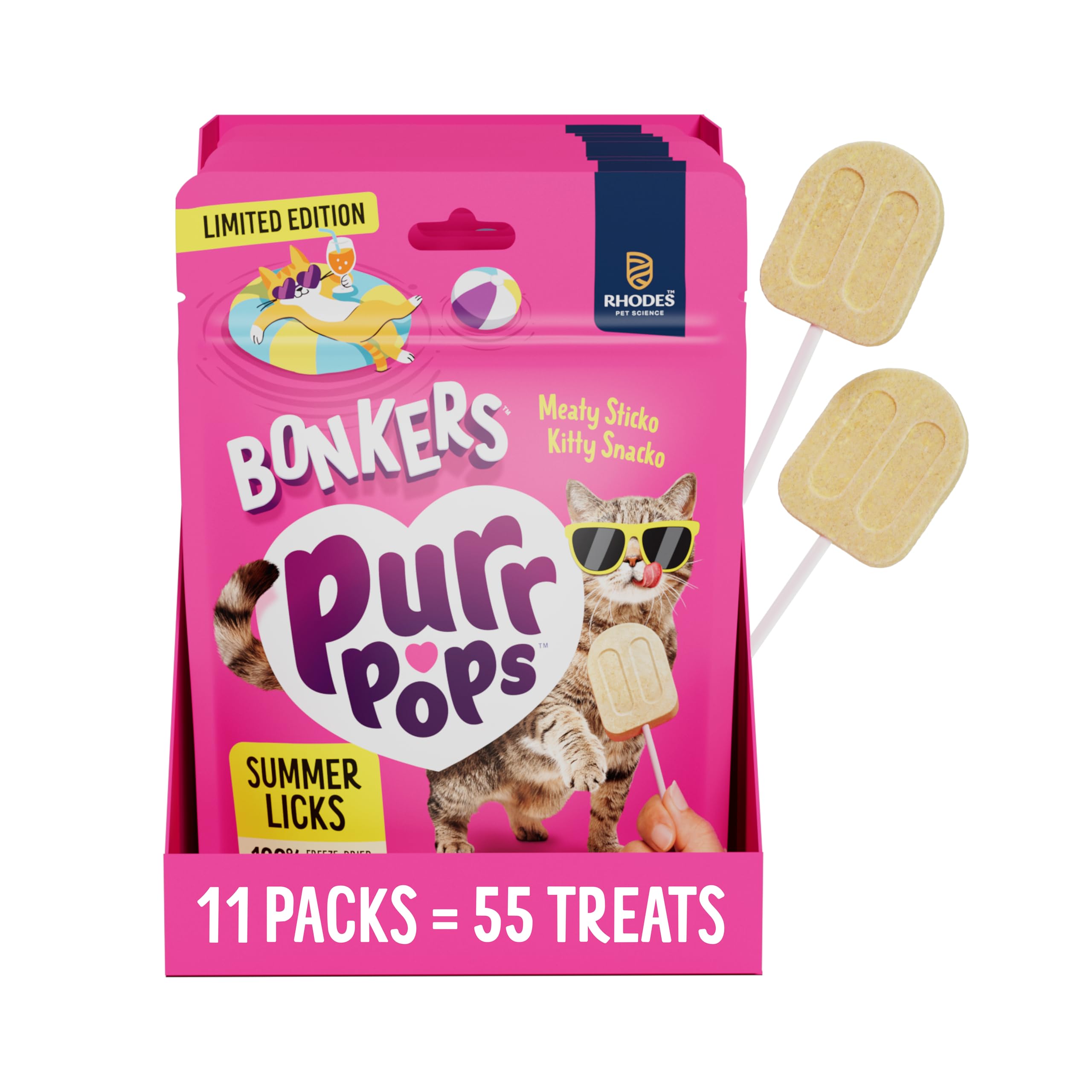 Bonkers Purrpops, Summer Edition Freeze Dried Chicken Flavored Lollipop Cat Treats, 55 Pieces (11 Packs)