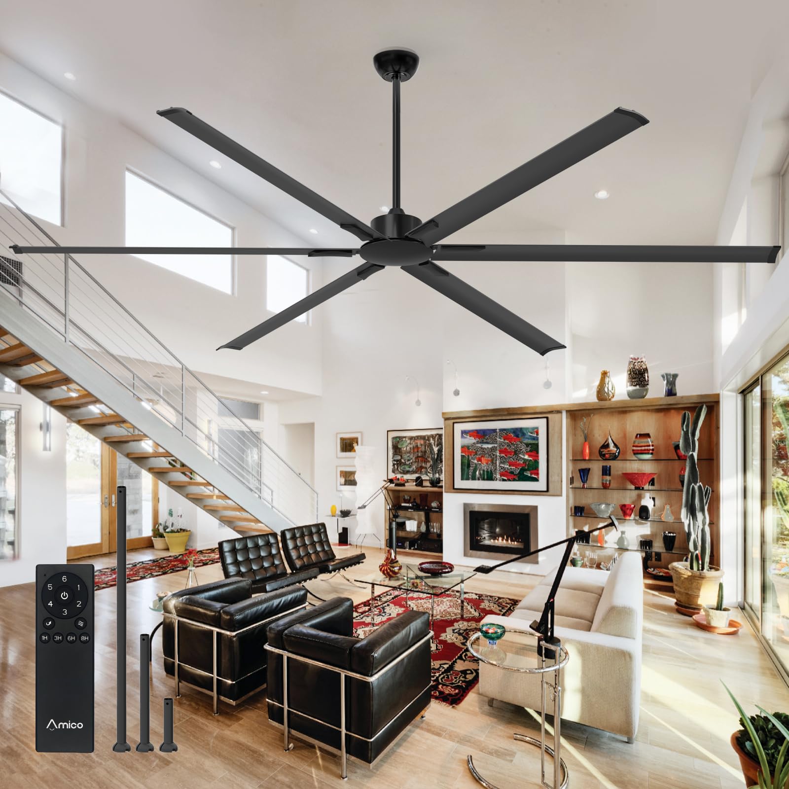 Amico 100 Inch Ceiling Fans Without Lights, Indoor/Outdoor Ceiling Fan with Remote Control, Reversible, 6 Blades, Noiseless, Industrial Black Ceiling Fan No Light for Patio, Porch, Garage, Shop