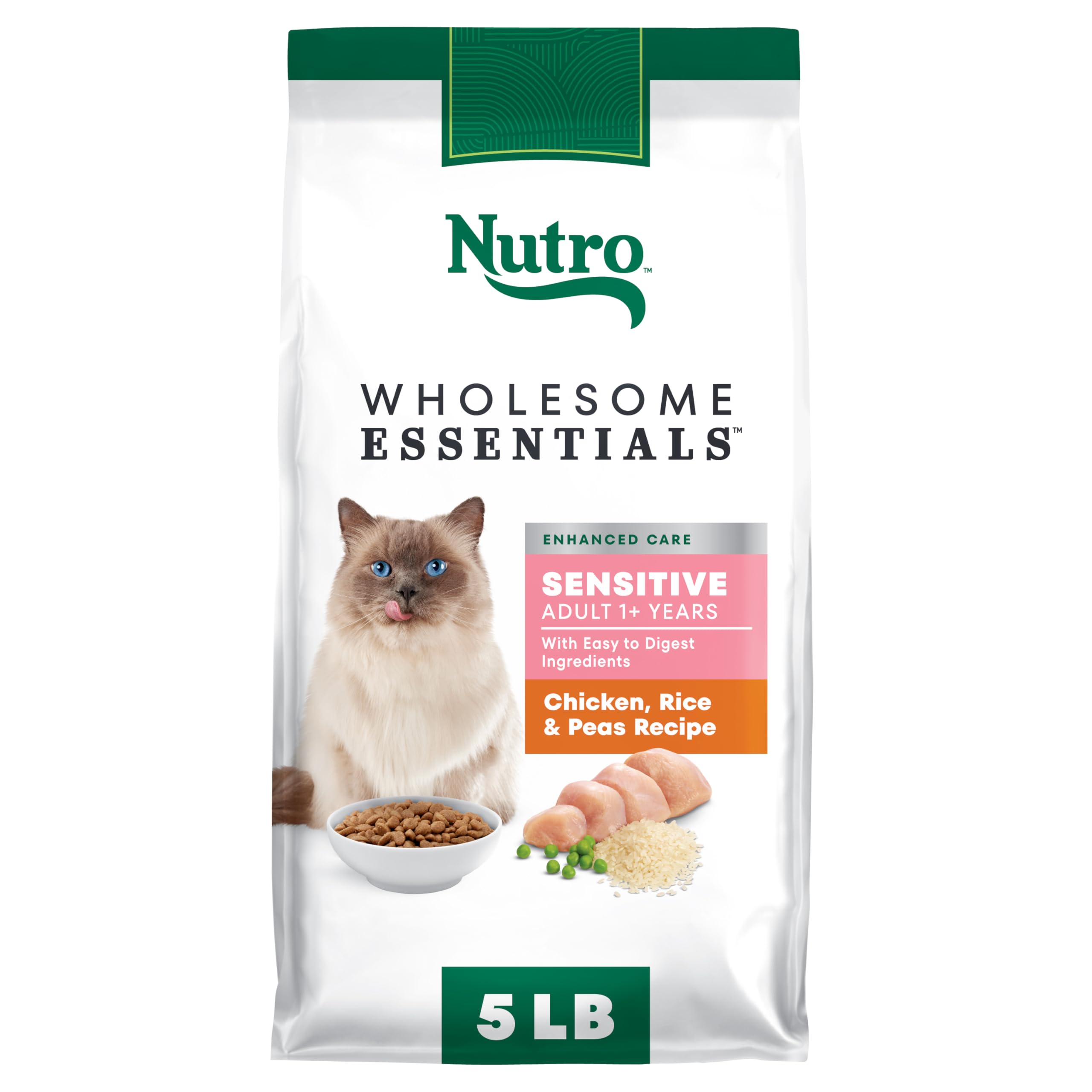 Nutro Wholesome Essentials Natural Dry Cat Food Sensitive Stomach, Chicken, Rice & Peas Recipe Cat Kibble, 5 lb. Bag