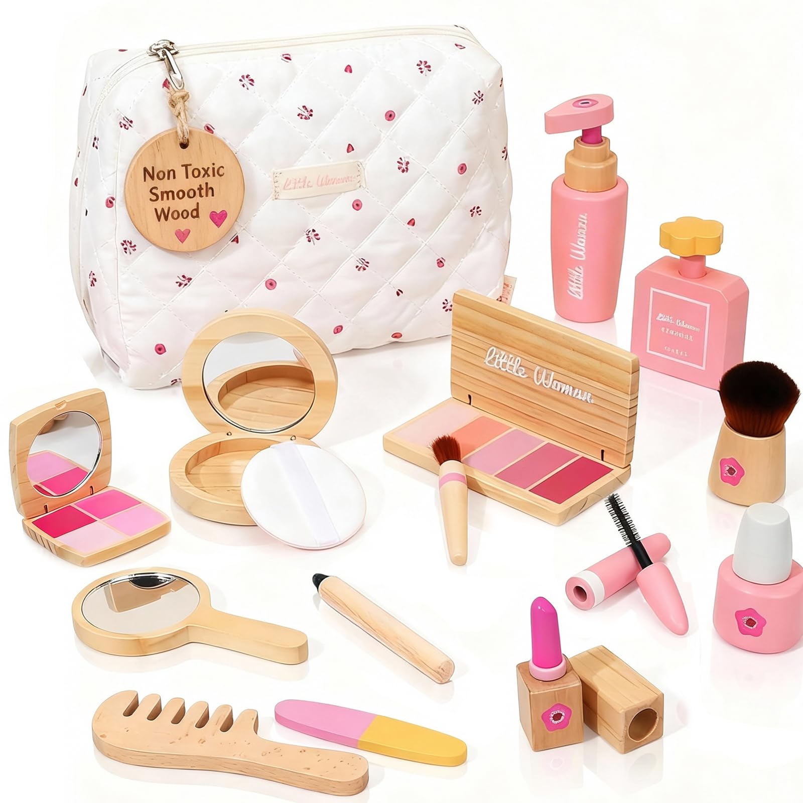 Wooden Pretend Makeup Kit for Toddlers: Non Toxic Mess Free Play Makeup Toy Set for 1 2 3 Year Old Girls - Perfect Toddler Montessori Toys Christmas Birthday Gift Ideas