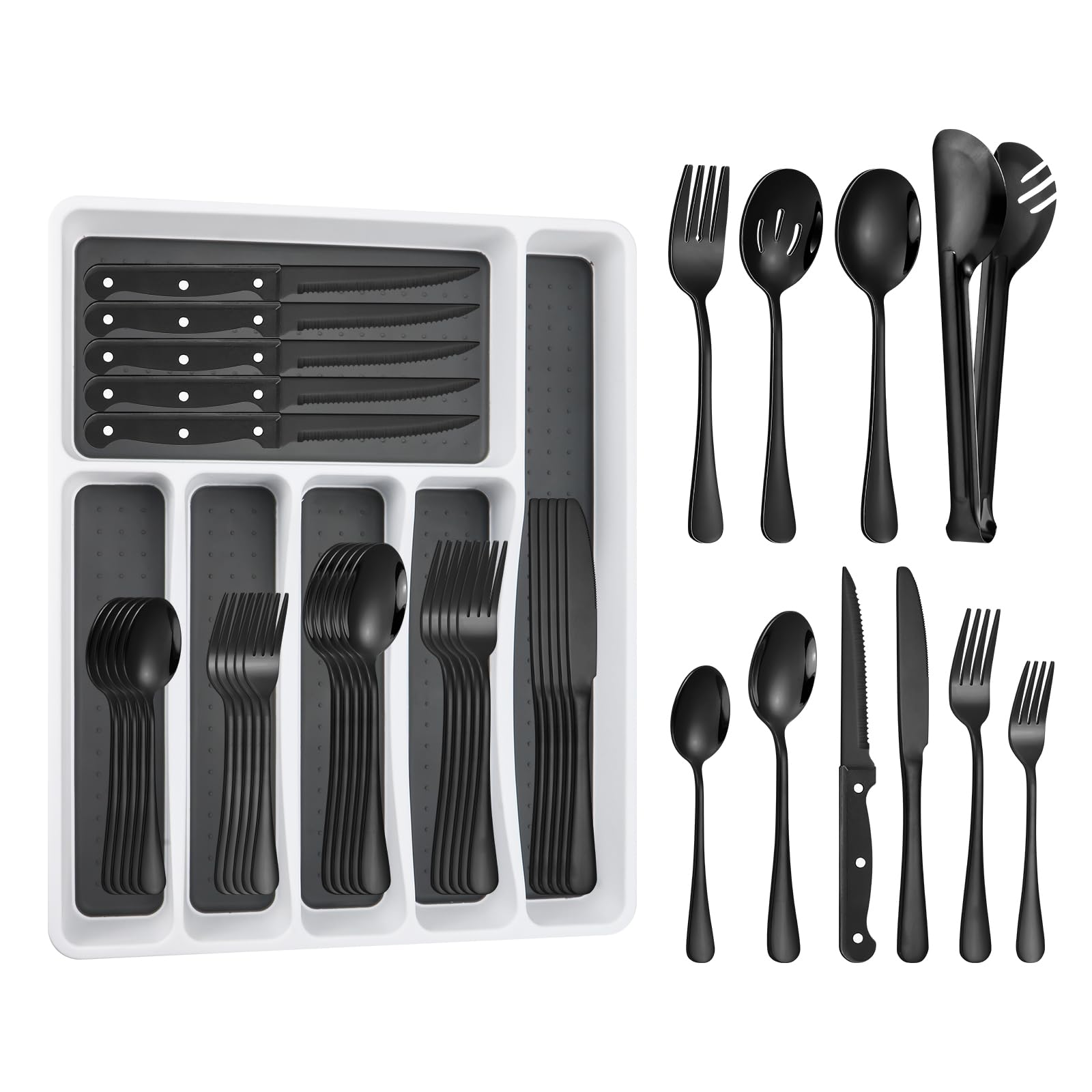 53PCS Black Silverware Set for 8 with Flatware Drawer Organizer, Stainless Steel Cutlery Set with Steak Knives, Include Spoons and Forks Set & Serving Utensils, Mirror Polished, Dishwasher Safe
