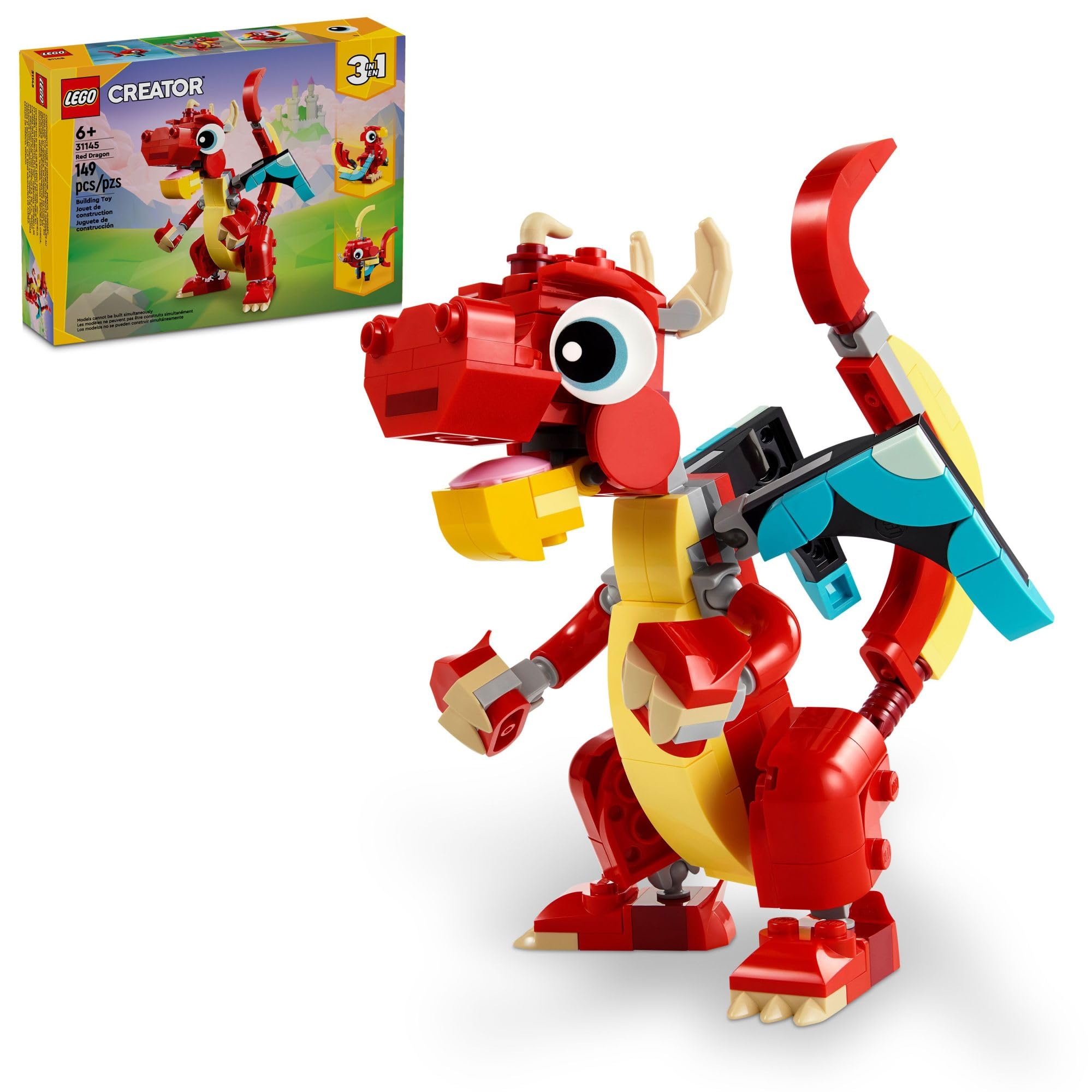 LEGO Creator 3 in 1 Red Dragon Toy, Transforms from Dragon to Fish to Phoenix, Gift Idea for Boys and Girls Ages 6 and Up, Animal Toy Set for Kids, 31145