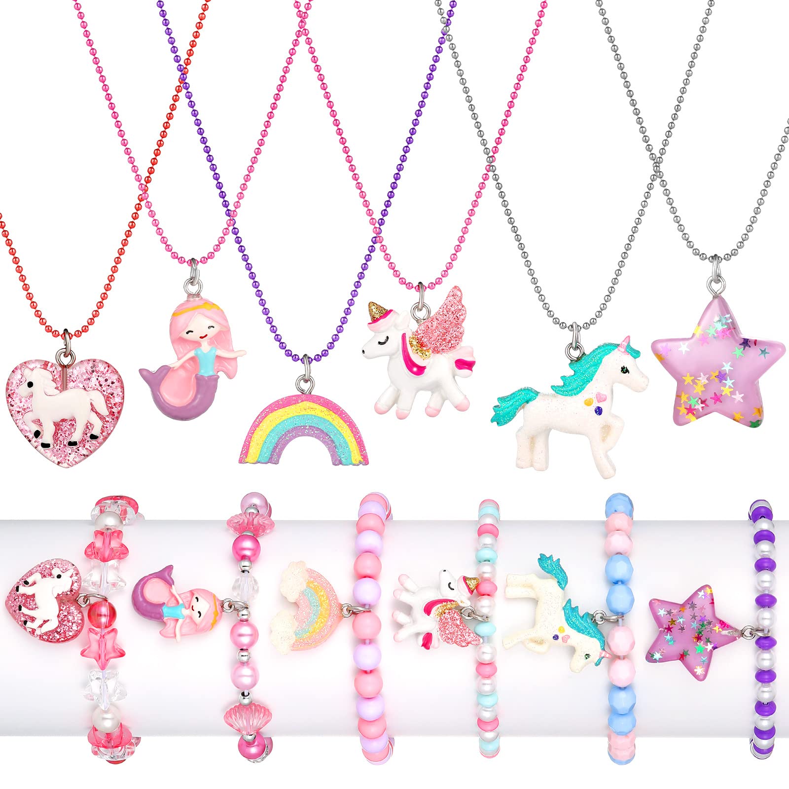 Bonuci 12 Pcs Girl Necklaces Bracelets Set with Colorful Unicorn Mermaid Rainbow Pendant Kid Princess Jewelry Set Summer Party Favor Friendship Pretend Dress up Jewelry for Girl Toddle