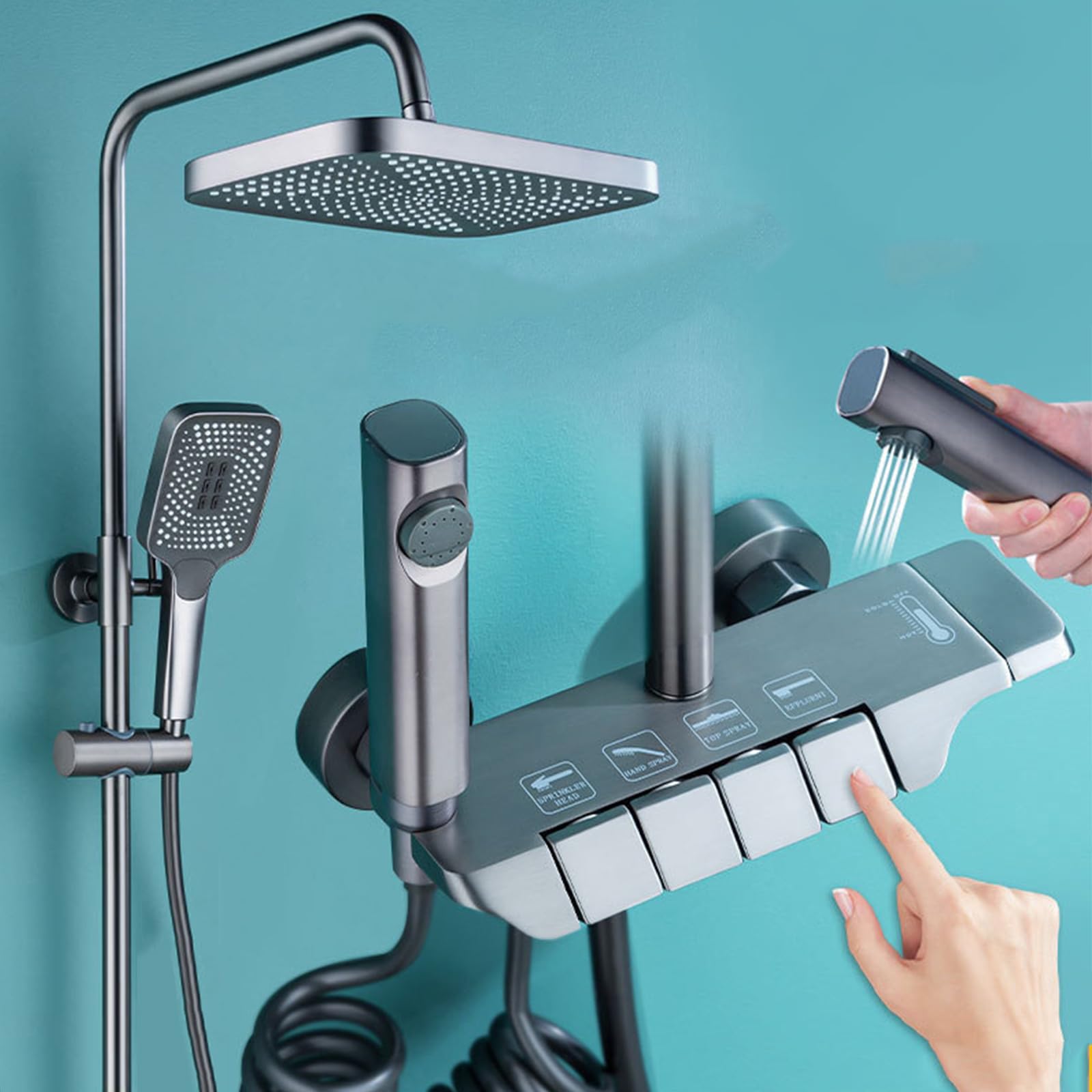 Gray Shower System Shower Faucet Set Bathroom Mixer Shower Combo Set Wall Mounted 4 Function Shower Fixture with 13"" Rain Shower Head and 3-Setting Handheld Shower