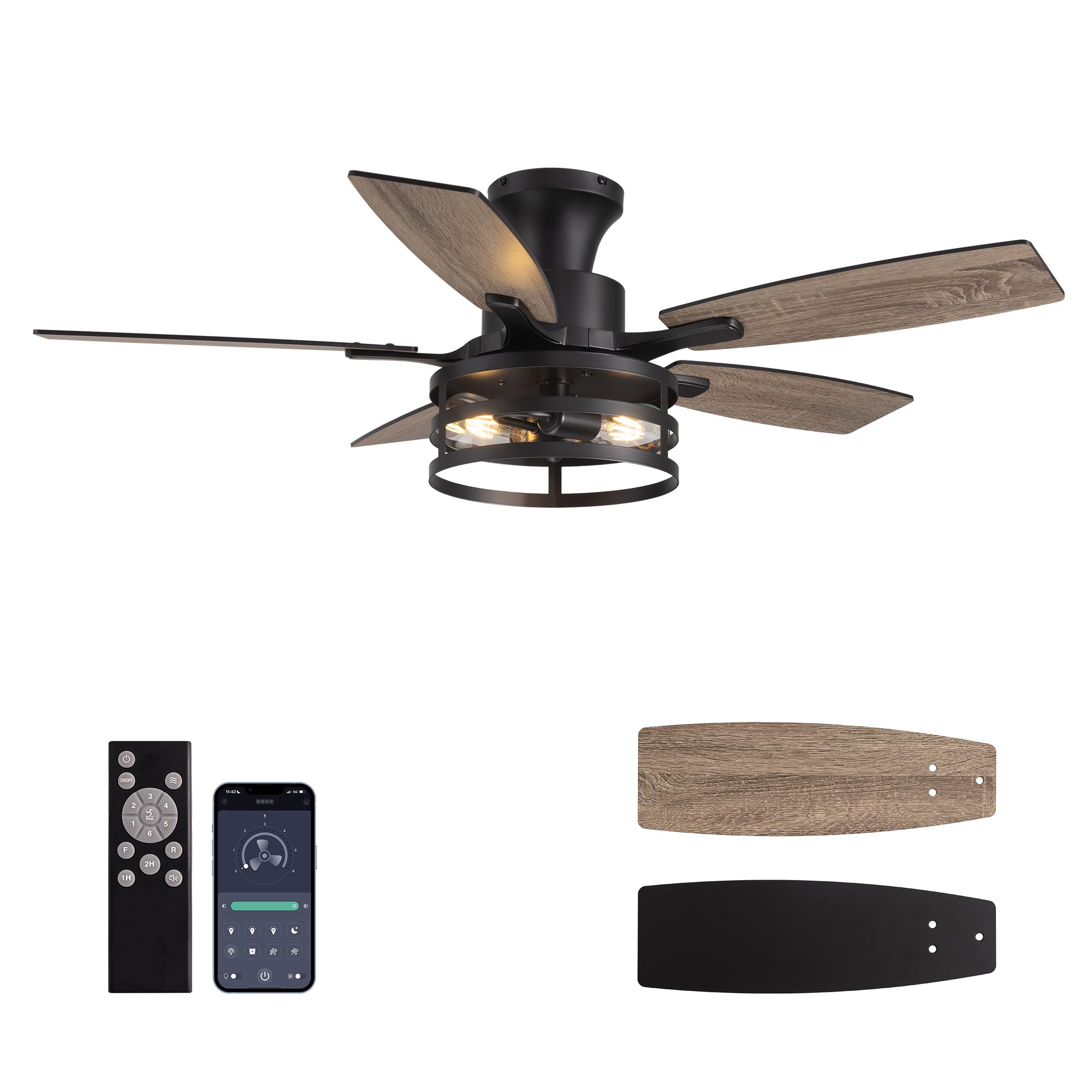 42 Inch Flush Mount Ceiling Fans with Lights and Remote Control, Farmhouse Ceiling Fan with LED Lighting for Bedroom Living Room and Patio, Black Caged Ceiling Fan for Indoor and Outdoor(NO Bulbs)