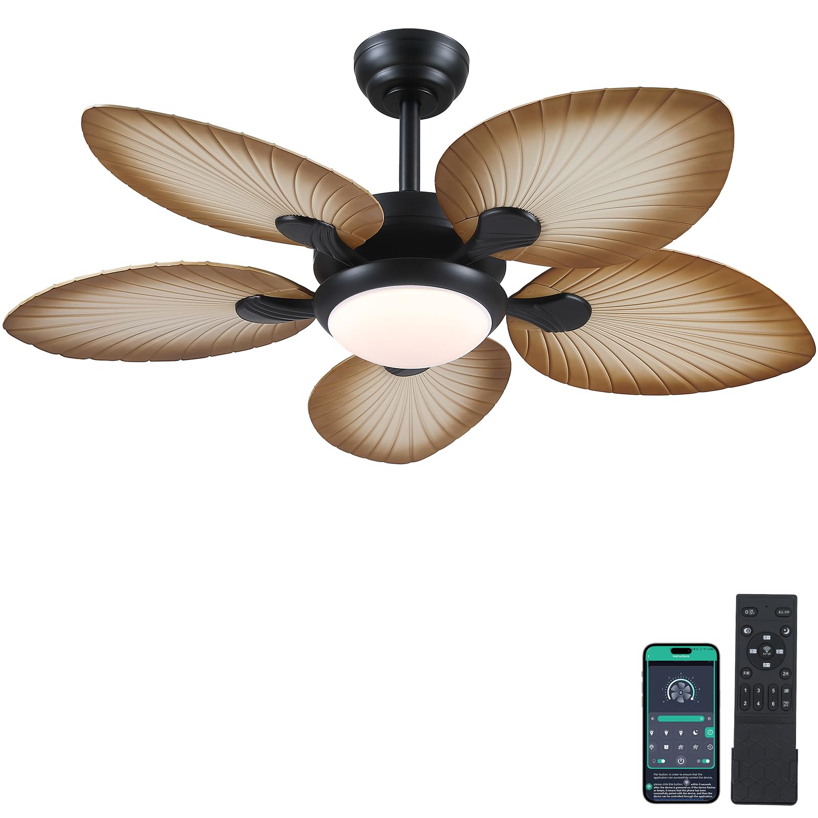 Wiviniya Tropical Ceiling Fans with Lights, 44 Inch Palm Leaf Outdoor Ceiling Fan with Light for Patios Porch Bedroom, Remote/APP Control, Reversible Quiet DC Motor, Dimmable LED, Wood Grain