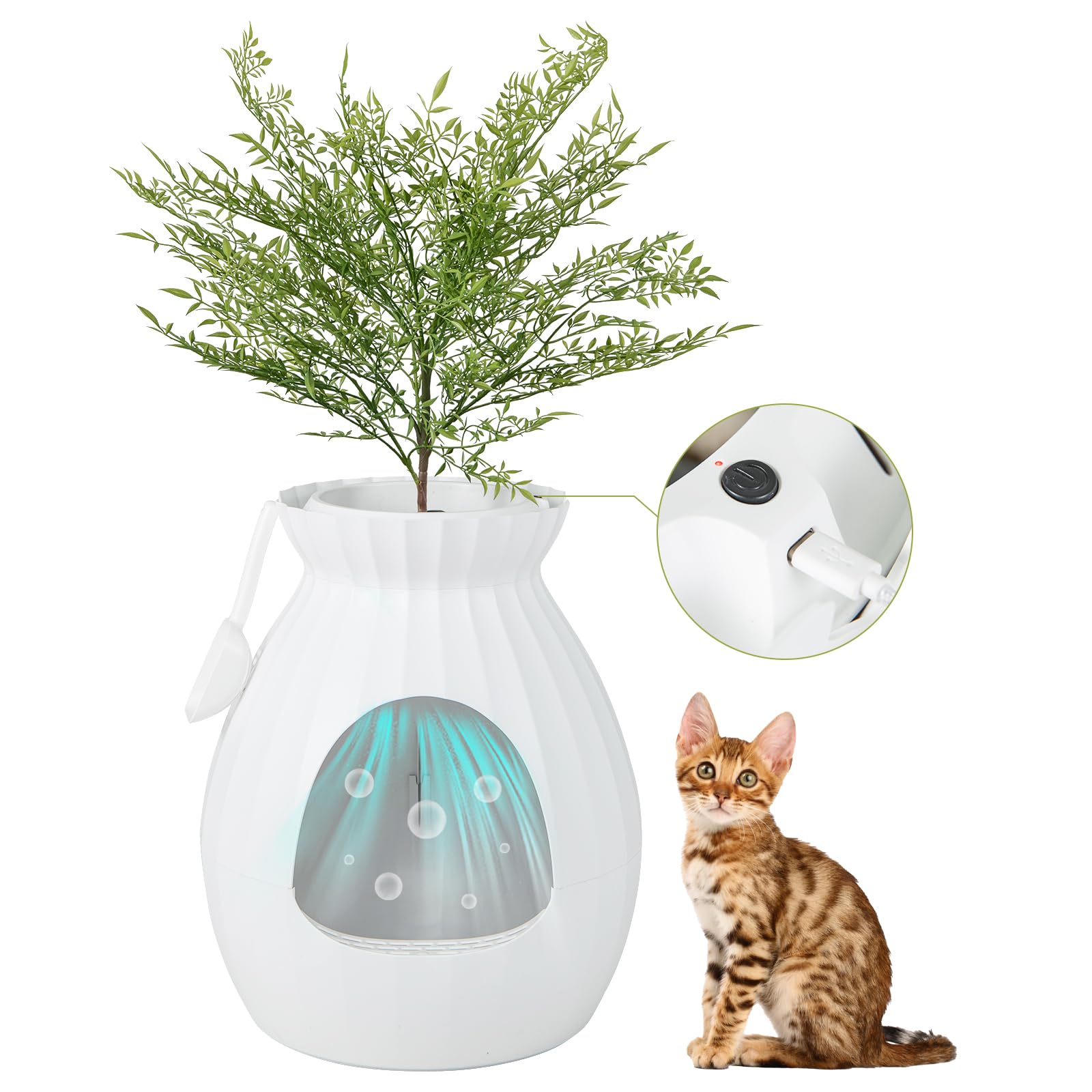 Giantex Cat Litter Box Plant - Hidden Litter Box Furniture with Electronic Odor Removal System, Detachable Door Curtain, Scoop, Cat Litter Box Enclosure Planter Home Decor, Easy to Clean (White)