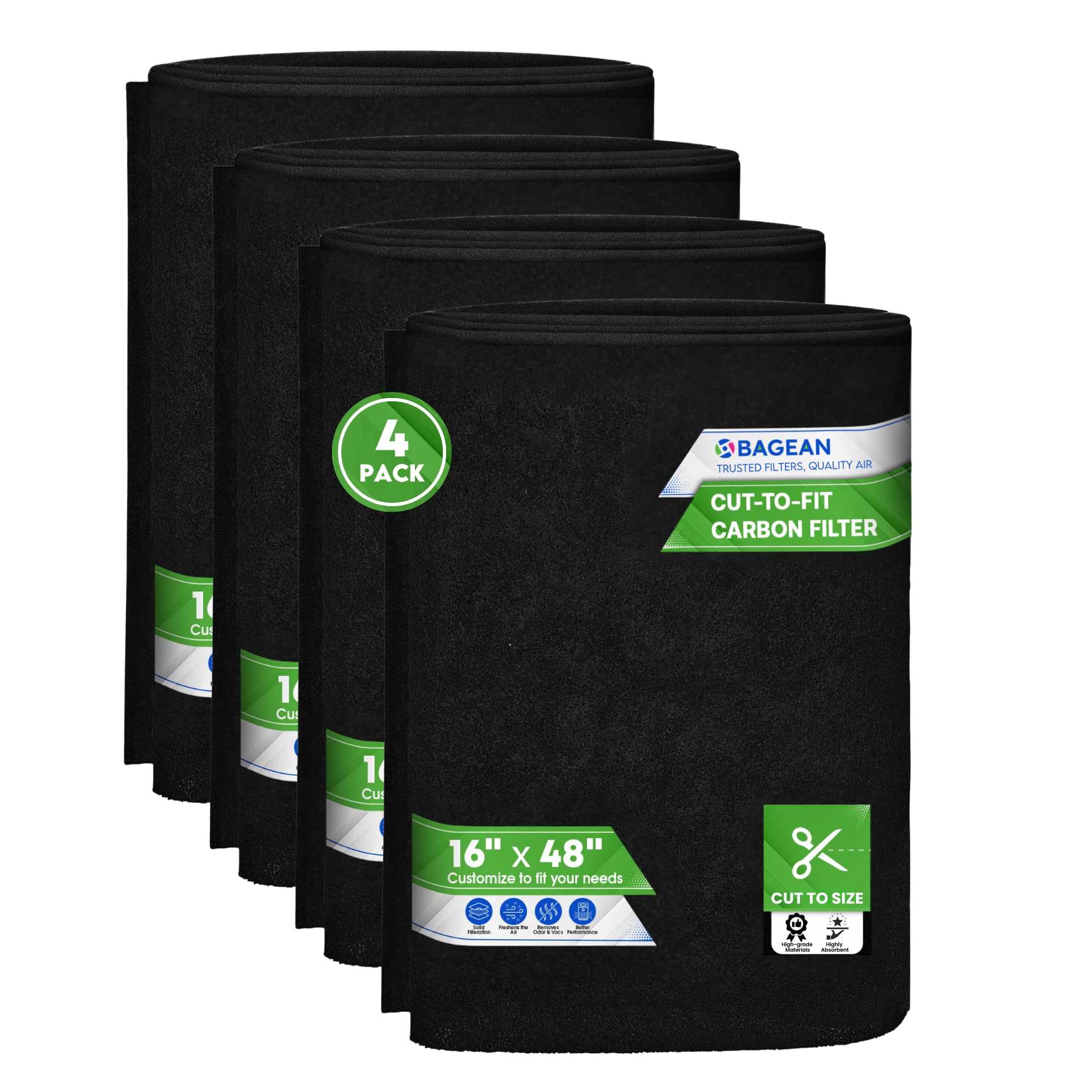 Cut to Fit Activated Carbon Filter Sheet 16” x 48” - Activated Carbon Air Filter for Air Purifiers Window AC Air Vent And More - Charcoal Filters Absorb Odors & Freshens the Air (4-Pack)