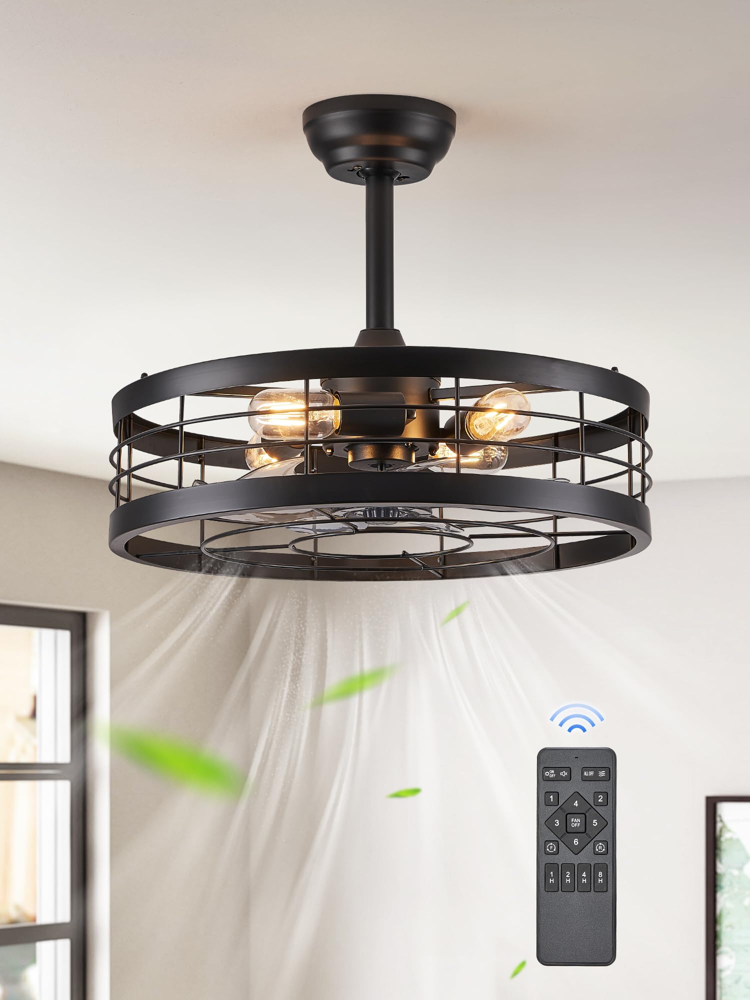 LEDIARY 20 inch Fandelier Caged Ceiling Fan with Light, Bladeless Ceiling Fan with Remote, Farmhouse Fan Ceiling Light Fixtures for Kitchen, Bedroom, Outdoor(6 Speed, Timing)-Black