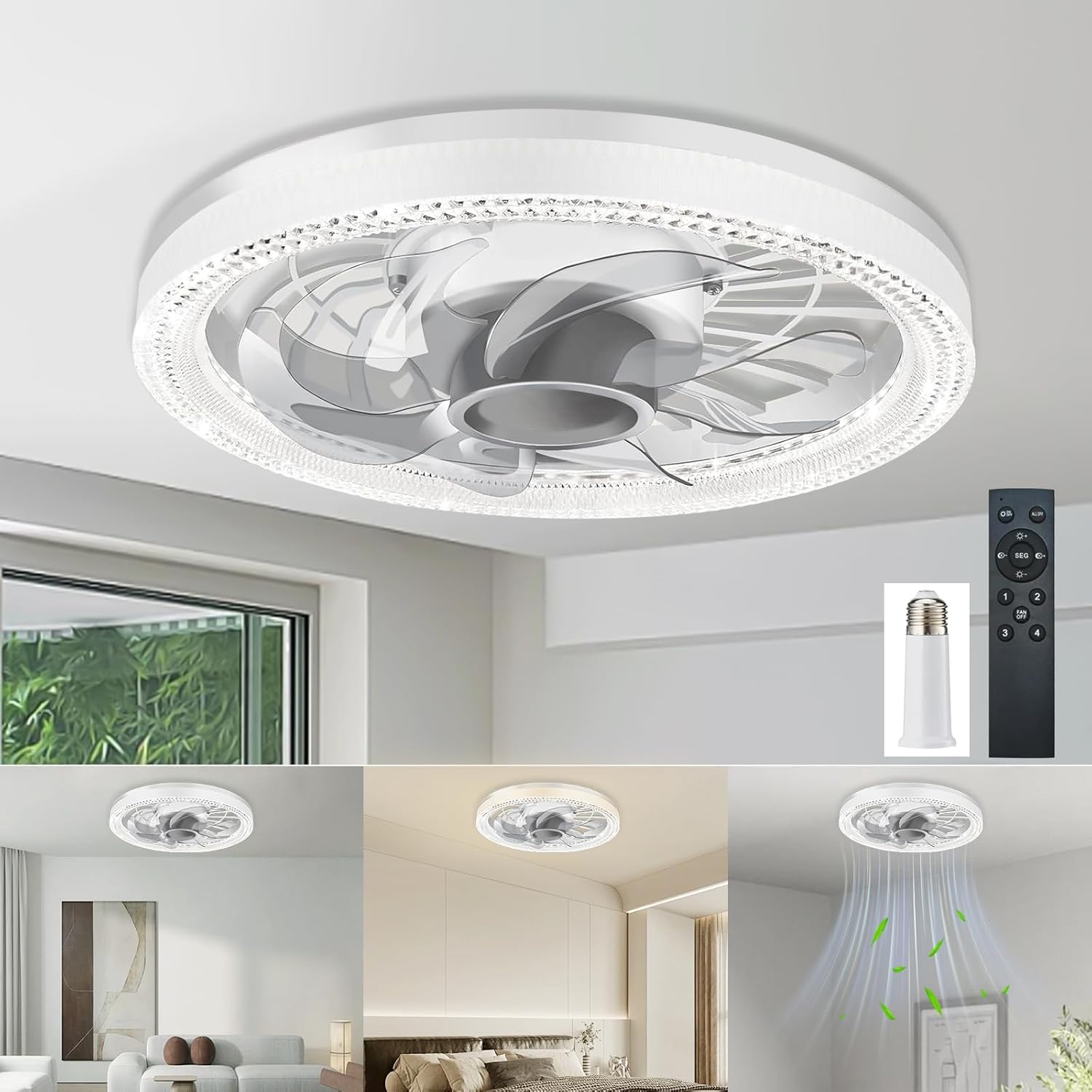Deyagoo Ceiling Fan Light,12-inch Socket Fan Light with Remote Control, 3 Colors (3000K-6500K) Dimmable LED Light Bulb, Screw-in Ceiling Fan for Bedroom, Kitchen, Storage Room, Closet, RV