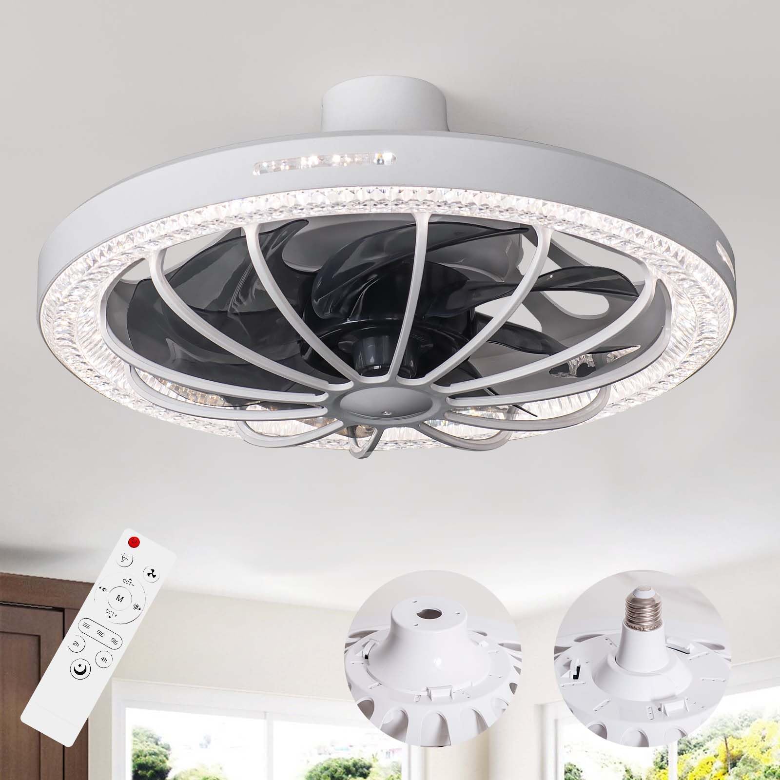 Socket Fan Light with Remote, 13 inch Socket Ceiling Fan with Dimmable Led Light, 3 Colors 3000K-6500K, 3 Speeds, Flush Mount Ceiling Fans with Lights for Bedroom, Kitchen, Living Room-White
