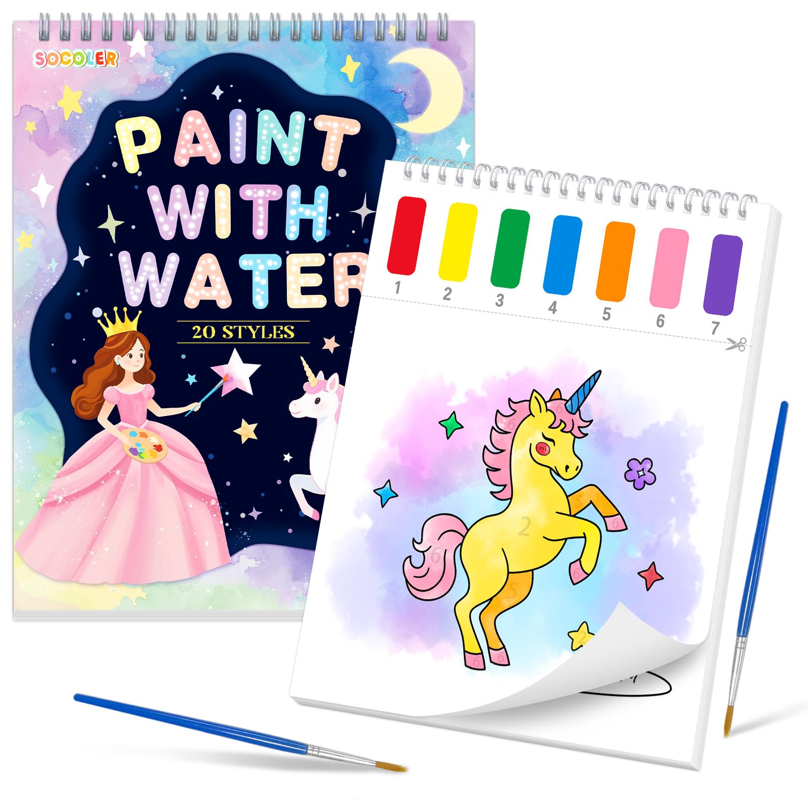 SOCOLER Paint with Water Coloring Books for Kids,Unicorn Theme Mess Free Watercolor Painting Papers Sets for Toddlers,Water Color Paint Kit,Art Craft Birthday Gift for Ages 1-3, 4-8