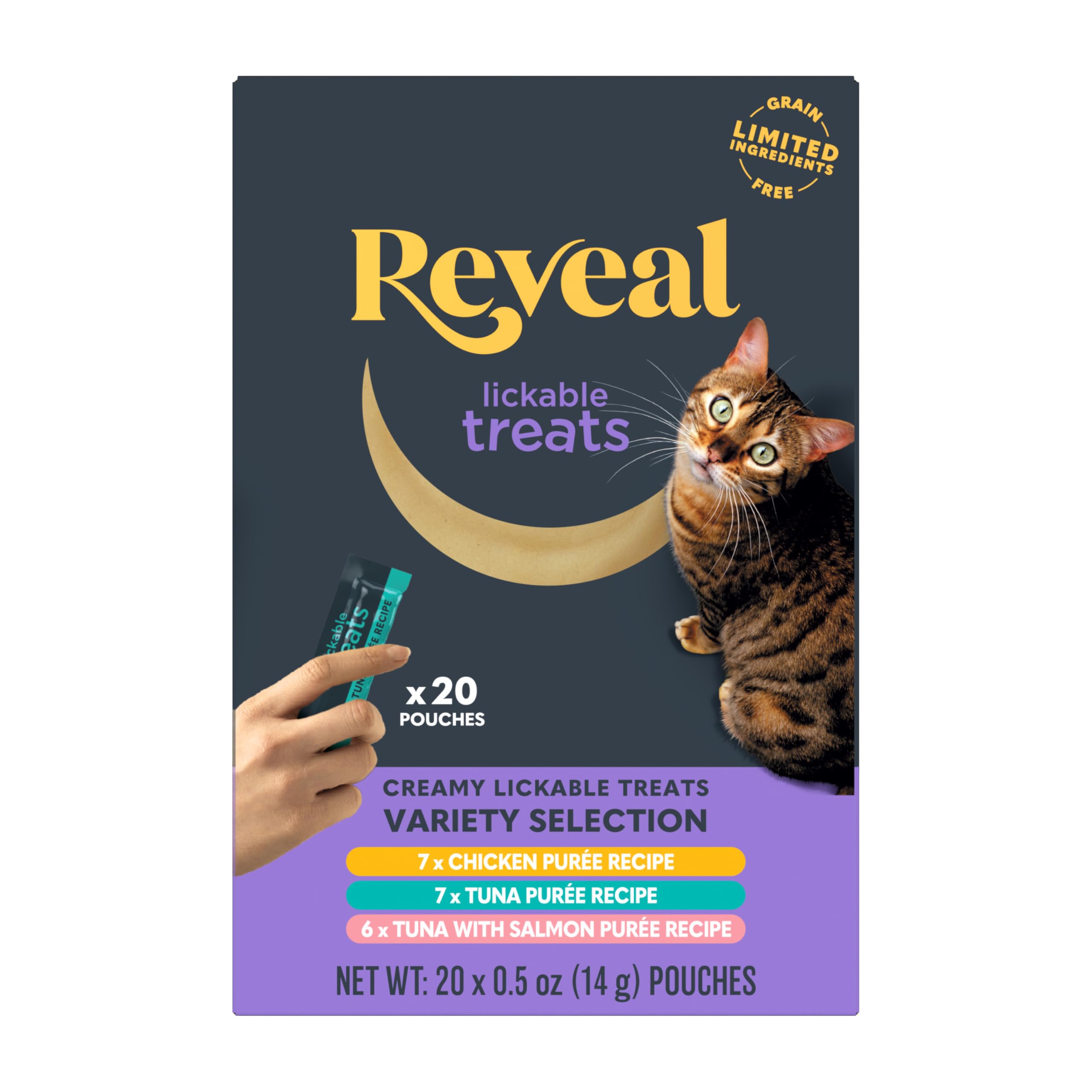 Reveal Natural Creamy Lickable Purée Cat Treats, Grain Free and Made with Limited Ingredients, Variety Selection Squeeze Up Cat Treats (20 x 0.5 oz Pouches)