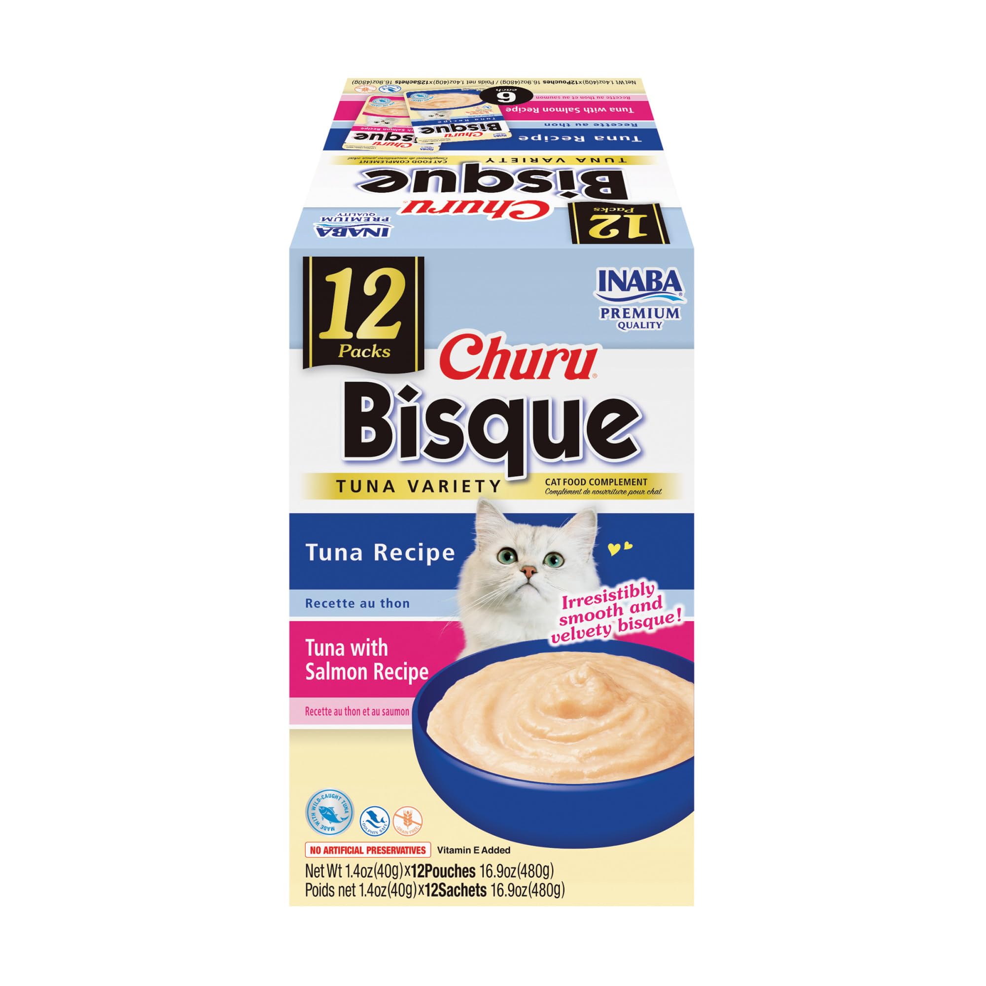 INABA Churu Bisque for Cats, Creamy Lickable Purée Side Dish with Vitamin E, 1.4 Ounces per Pouch, 12 Pouches, Tuna Variety