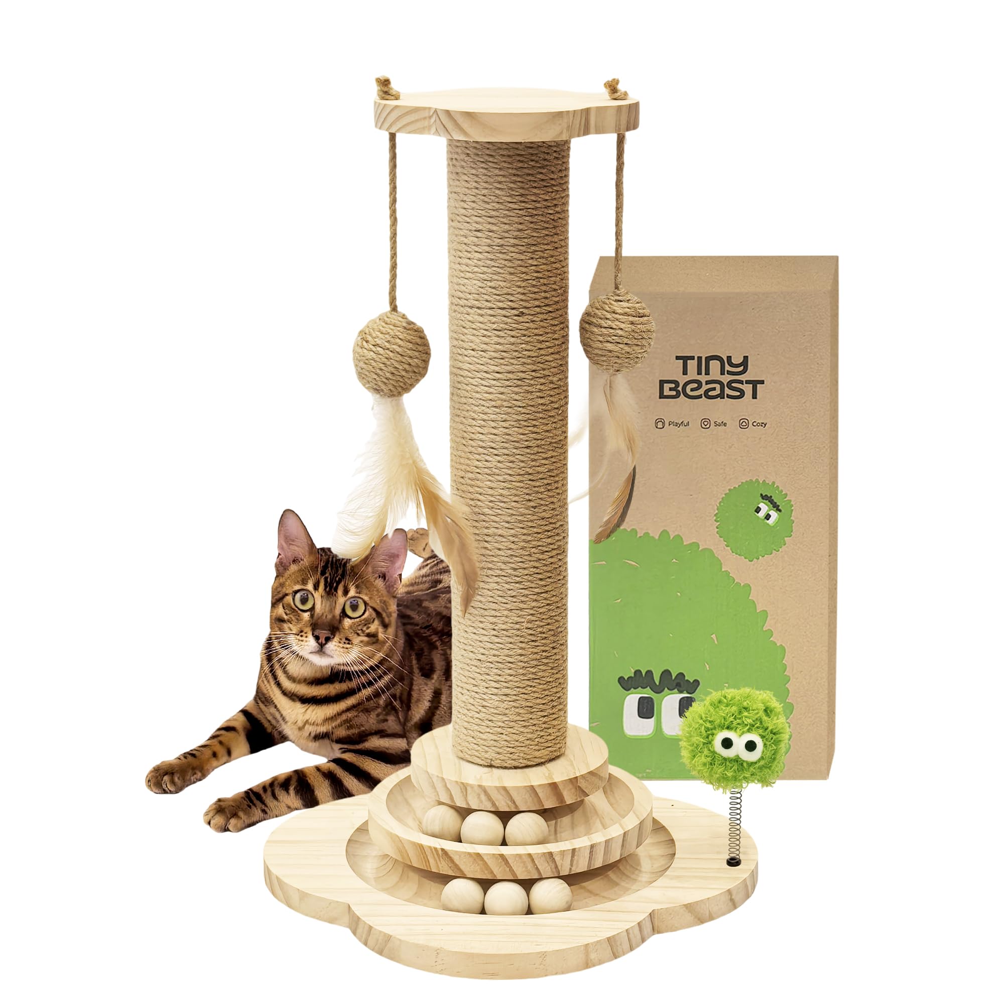 TINYBEAST Wooden Cat Scratching Post fot Kittens, 4 in 1 Cat Scratcher Toy with Cat Ball Tracks, 18" Tall Sisal Scratch Post for Indoor Kittens, Interactive Feather Toy and 2 Sisal Hanging Balls