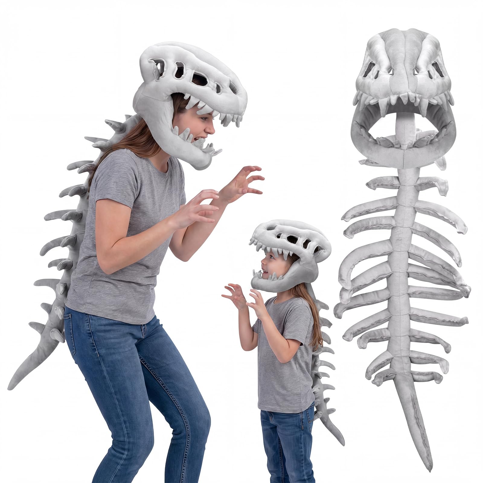 Dinosaur Skeleton Plush Costume Set, Soft 3D Spinosaurus Skull Headpiece with Spine Back Piece Outfit for Cosplay