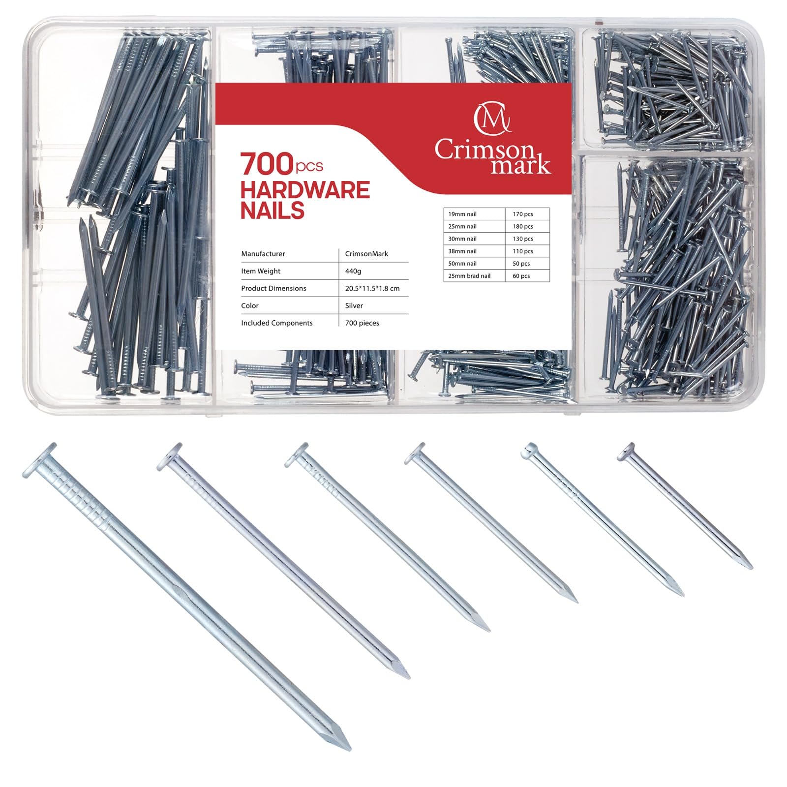 CrimsonMark Nails Assortment Kit - 700 PCS Galvanized High-Carbon Steel Nails for Hanging Pictures & Wall Art Decor, Includes Organizer Box with 6 Sizes: 3/4", 1", 1-1/4", 1-1/2", 2" & 1" Finish Nails
