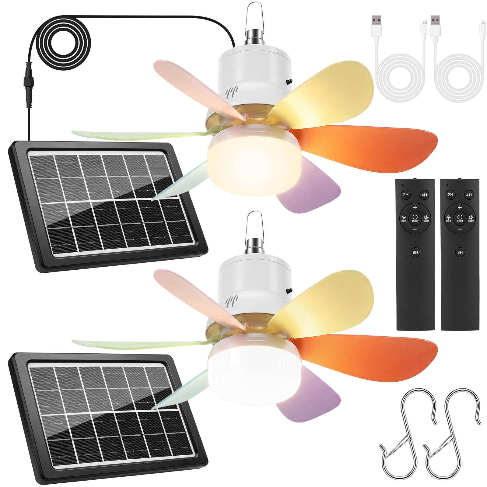2 Set Solar Powered Ceiling Fan with Light, 17.7 in Outdoor Portable Hanging Fan Light with Remote, 3 Speeds, 3 Lightings, Powered by 5100mah Battery for Patio Gazebo Tent (Colorful)