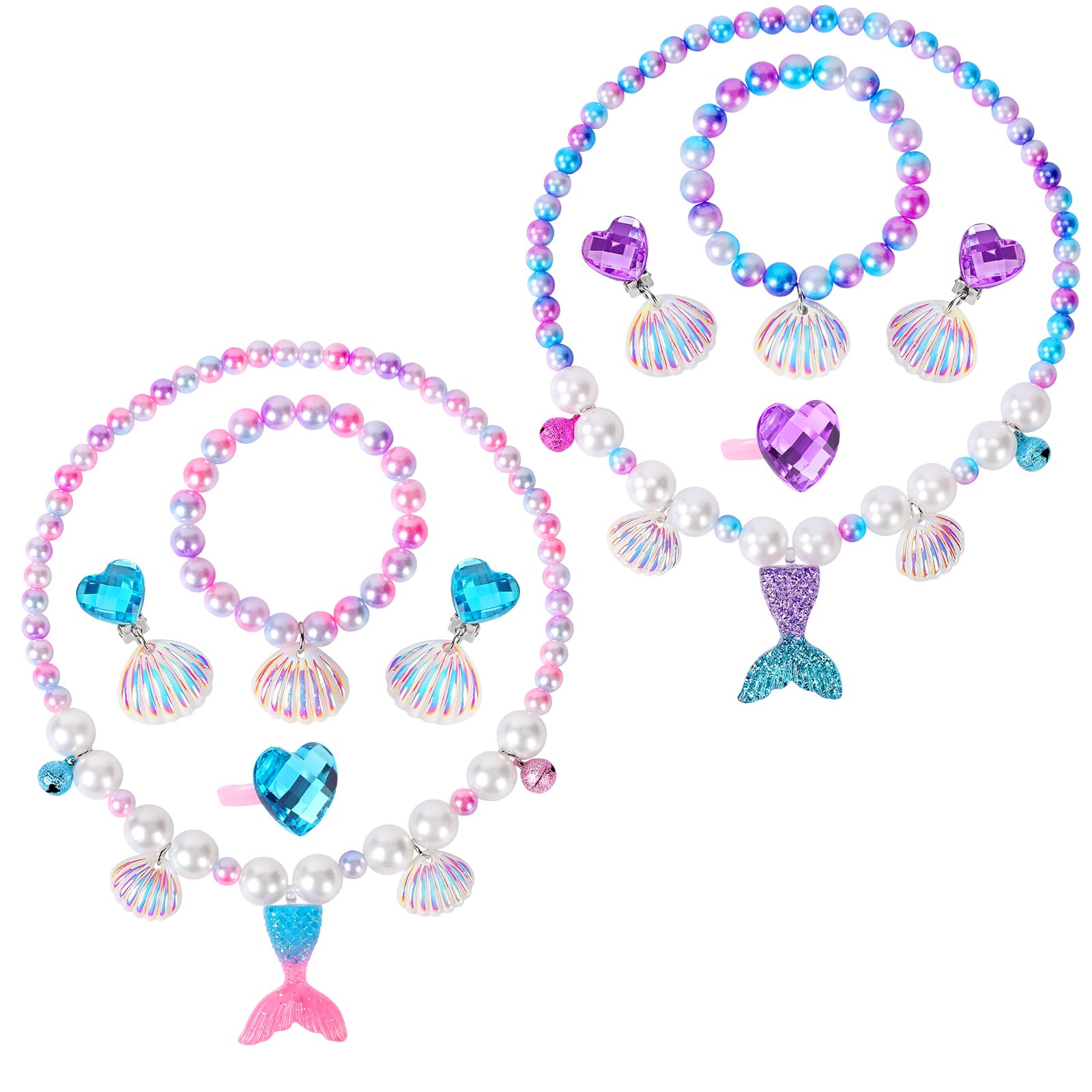 2 Sets Mermaid Jewelry Set for Girls, Princess Accessories for Dress-up, Birthday Party & Costume Play Mermaid Necklace, Bracelet, Ring & Earrings for Girls Age 3-8