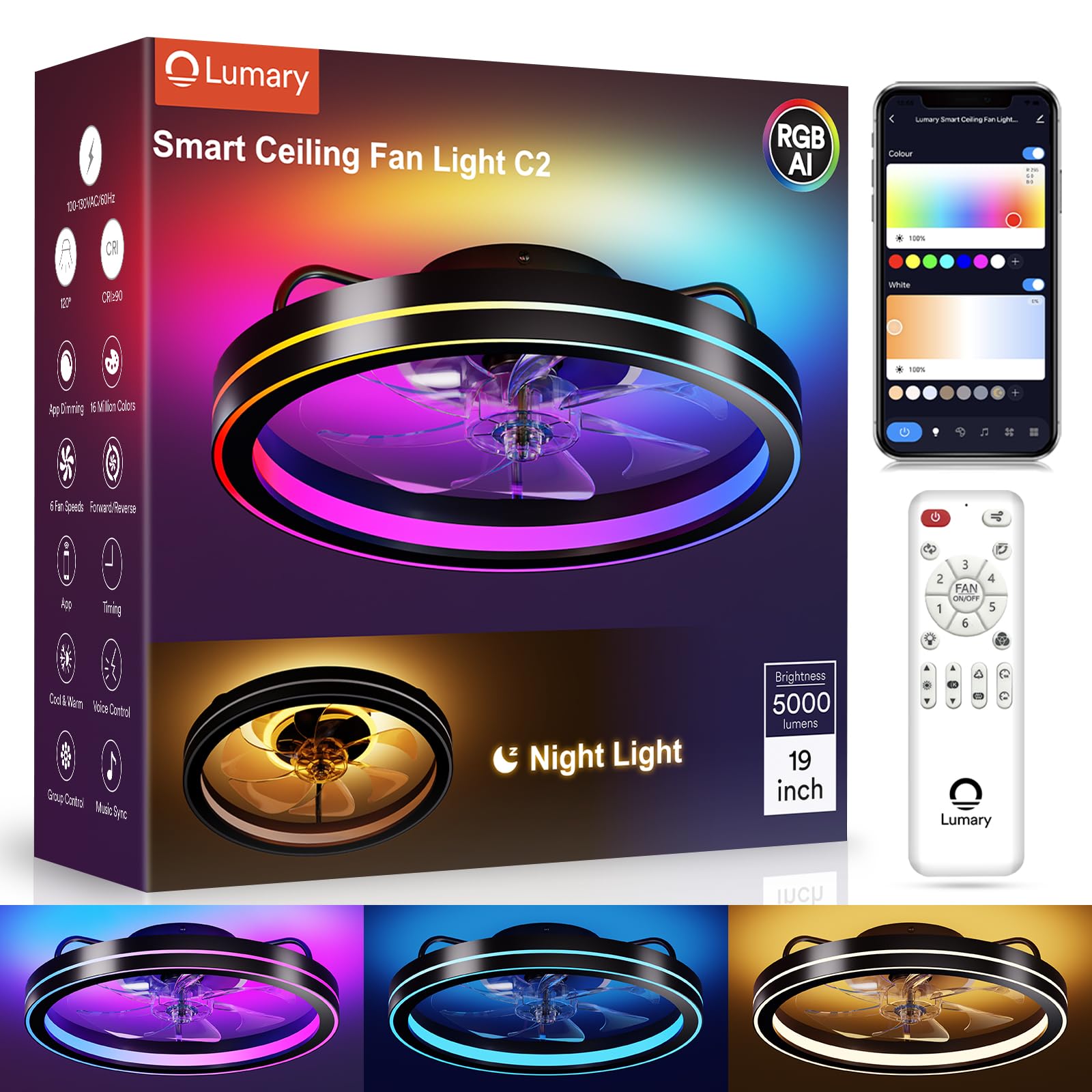 Lumary Smart Ceiling Fan Light with 2200K Nightlight, WiFi & Bluetooth Low Profile Ceiling Fan with Light Remote for Bedroom, RGBAI & 42 Scenes Mode, Flush Mount Easy to Install, 5000 LM, 19in Black