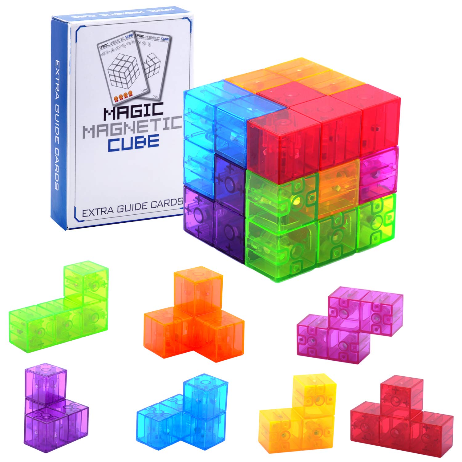 WorWoder Kids Magnetic Building Blocks Magic Magnetic 3D Puzzle Cubes, Set of 7 Multi Shapes Magnetic Blocks with 54 Guide Cards, Intelligence Developing and Stress Relief Fidget Toys for Kids (Blue)