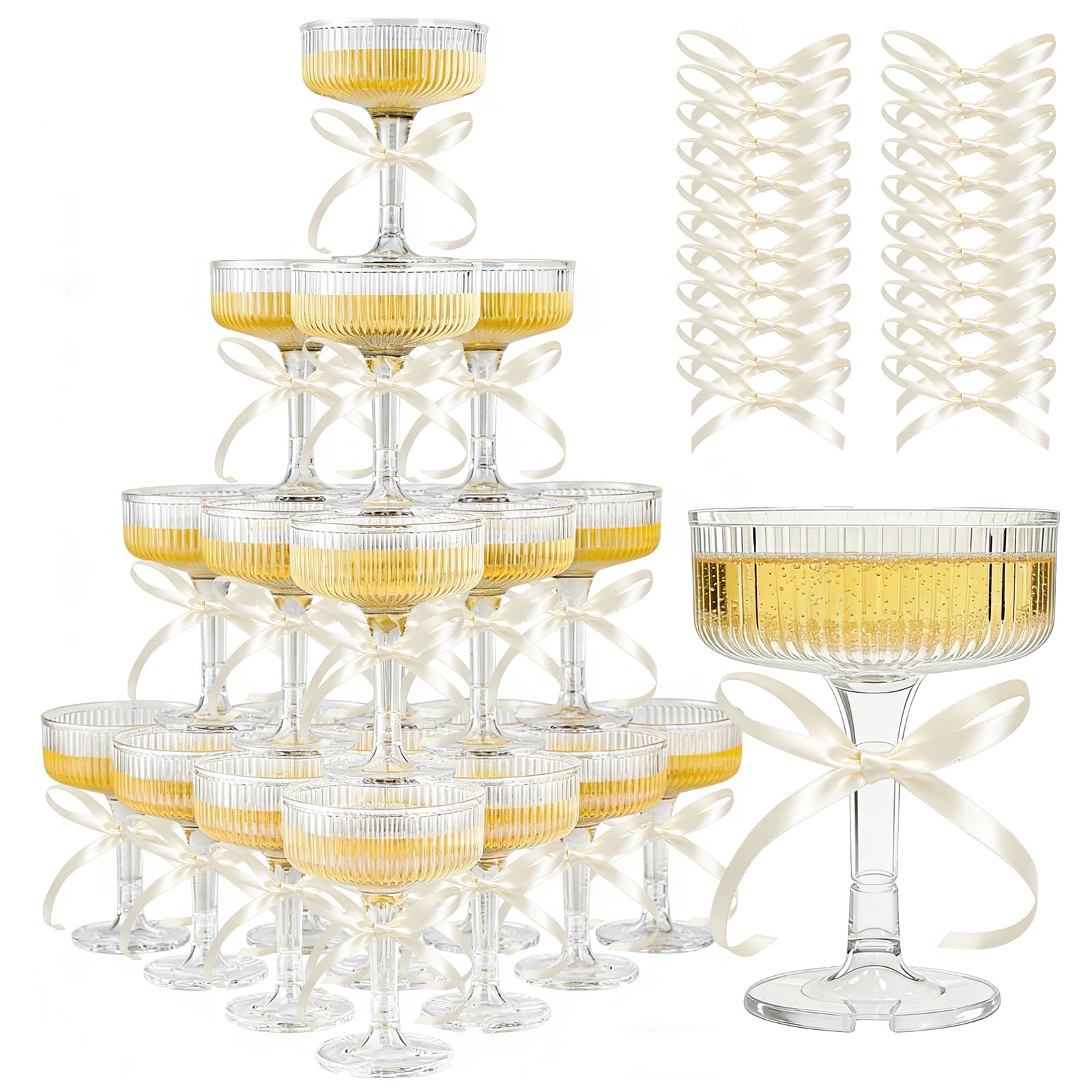 ACRYLIC Champagne Tower Set - 20 Pack 7oz Shatterproof Flutes + 25 Pink Bows & 30 Dots, Stackable Plastic Coupe Glasses for Wedding (White)